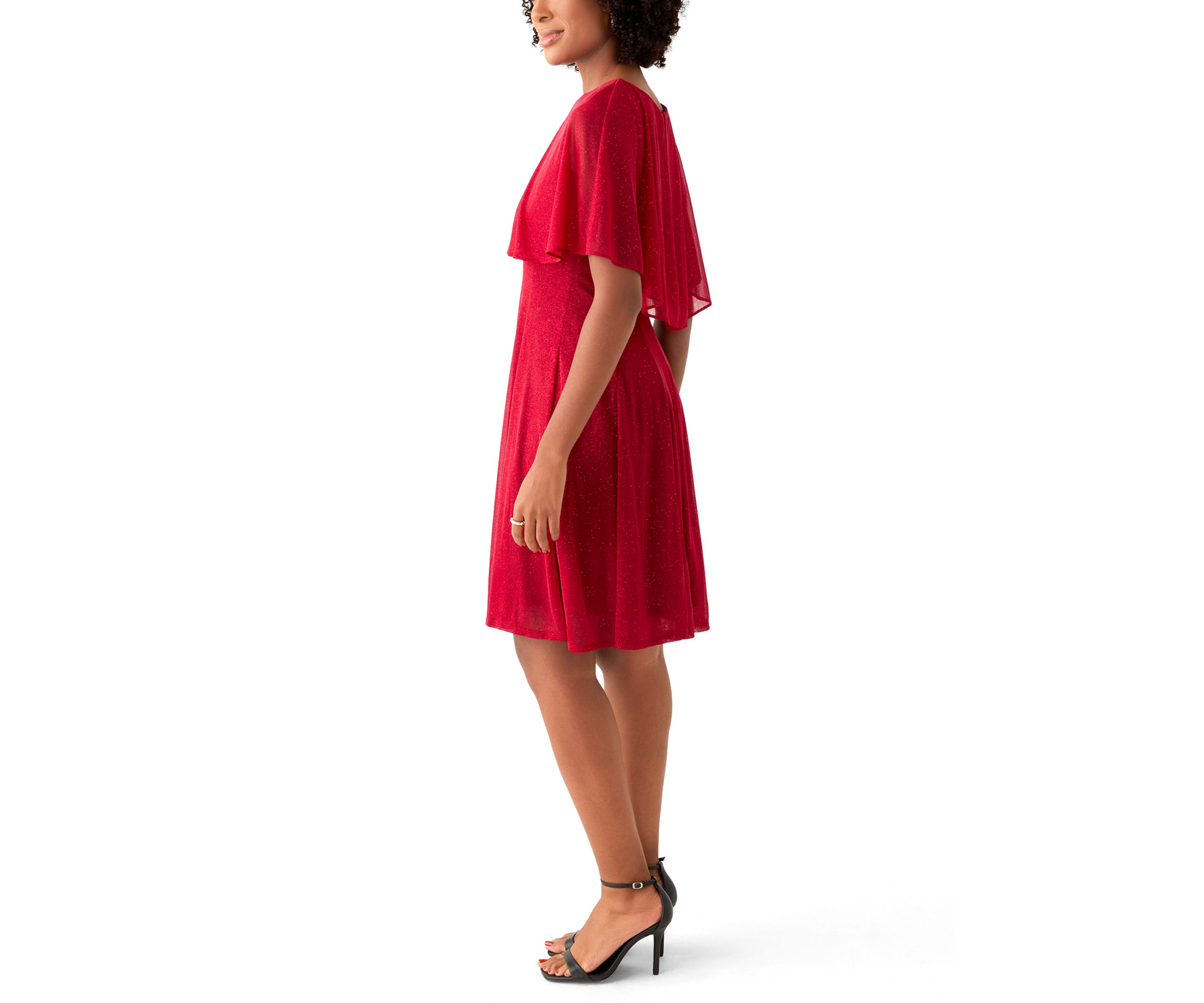 Womens Cape Sleeve Crew Neck Solid Fit and Flare Dress