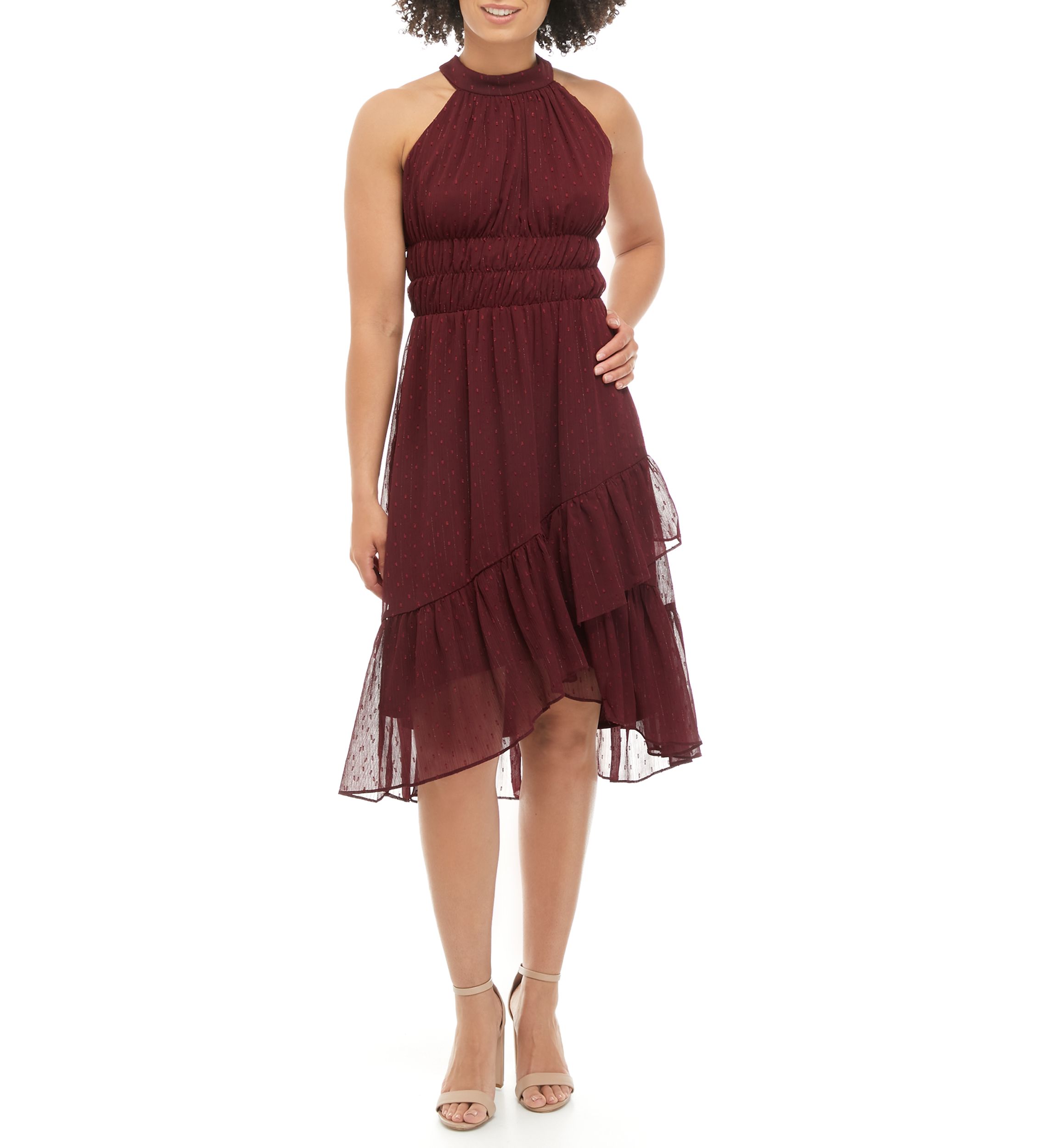 Womens Halter Neck Clip Dot Tiered Midi Dress 