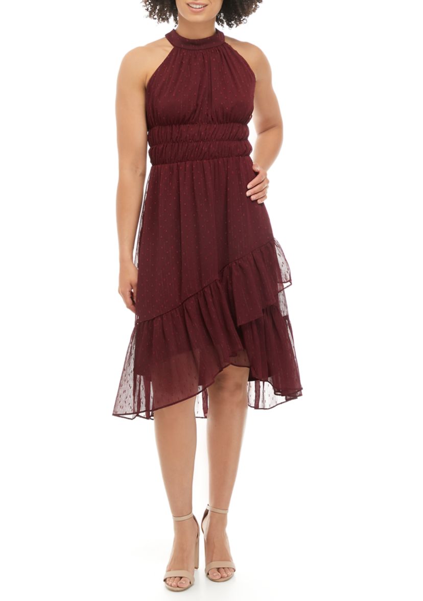 Womens Halter Neck Clip Dot Tiered Midi Dress 