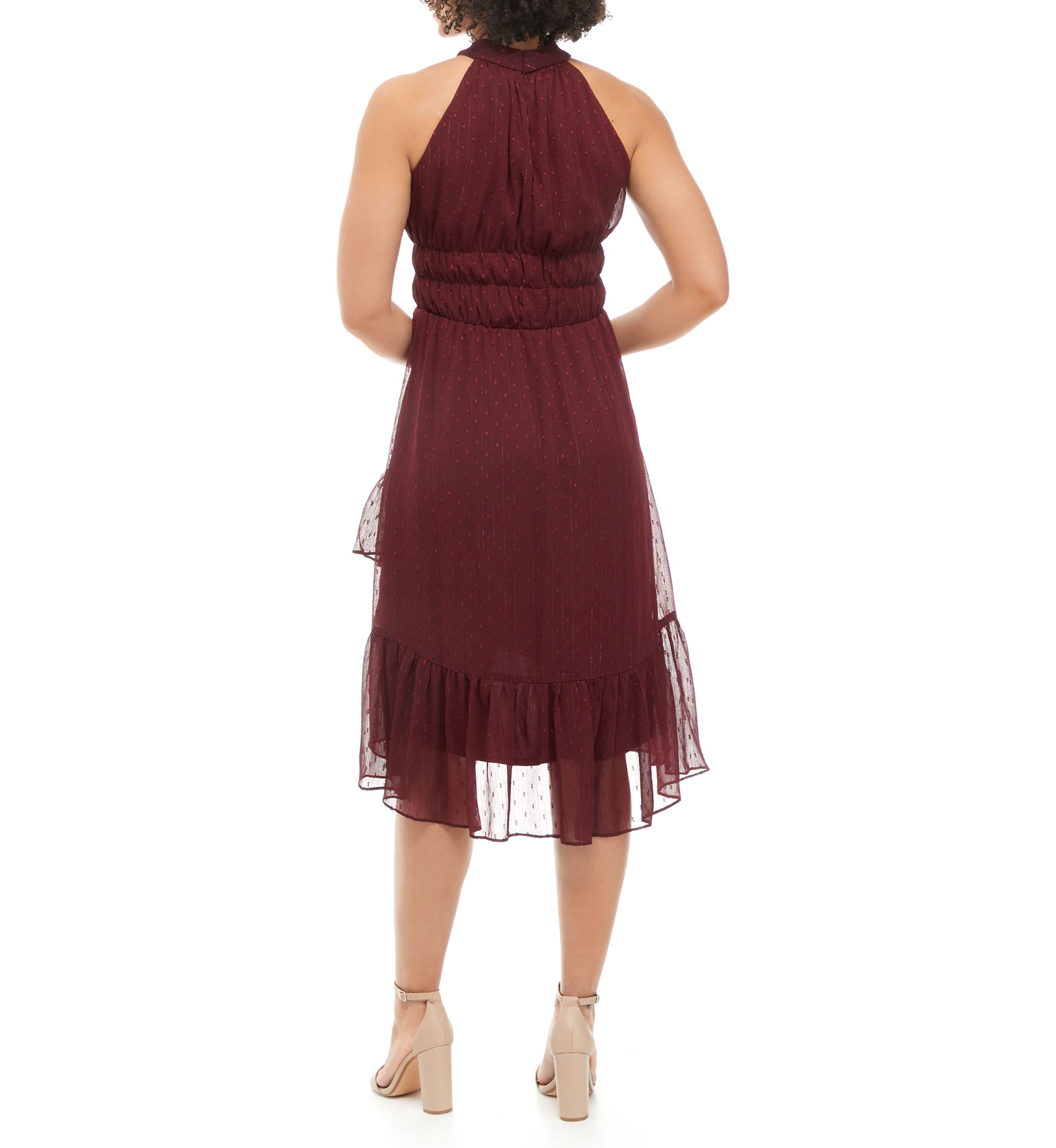 Womens Halter Neck Clip Dot Tiered Midi Dress 