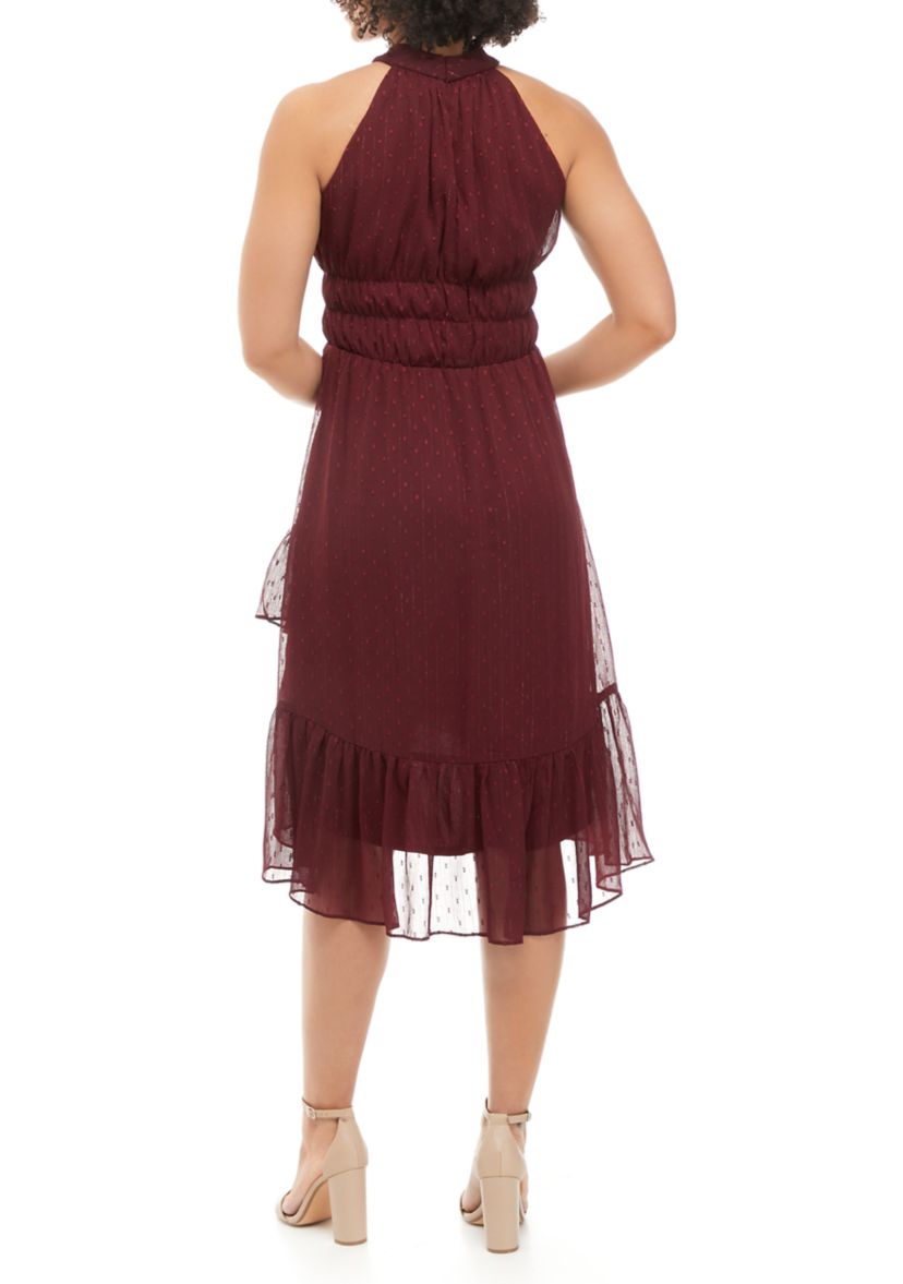 Womens Halter Neck Clip Dot Tiered Midi Dress 
