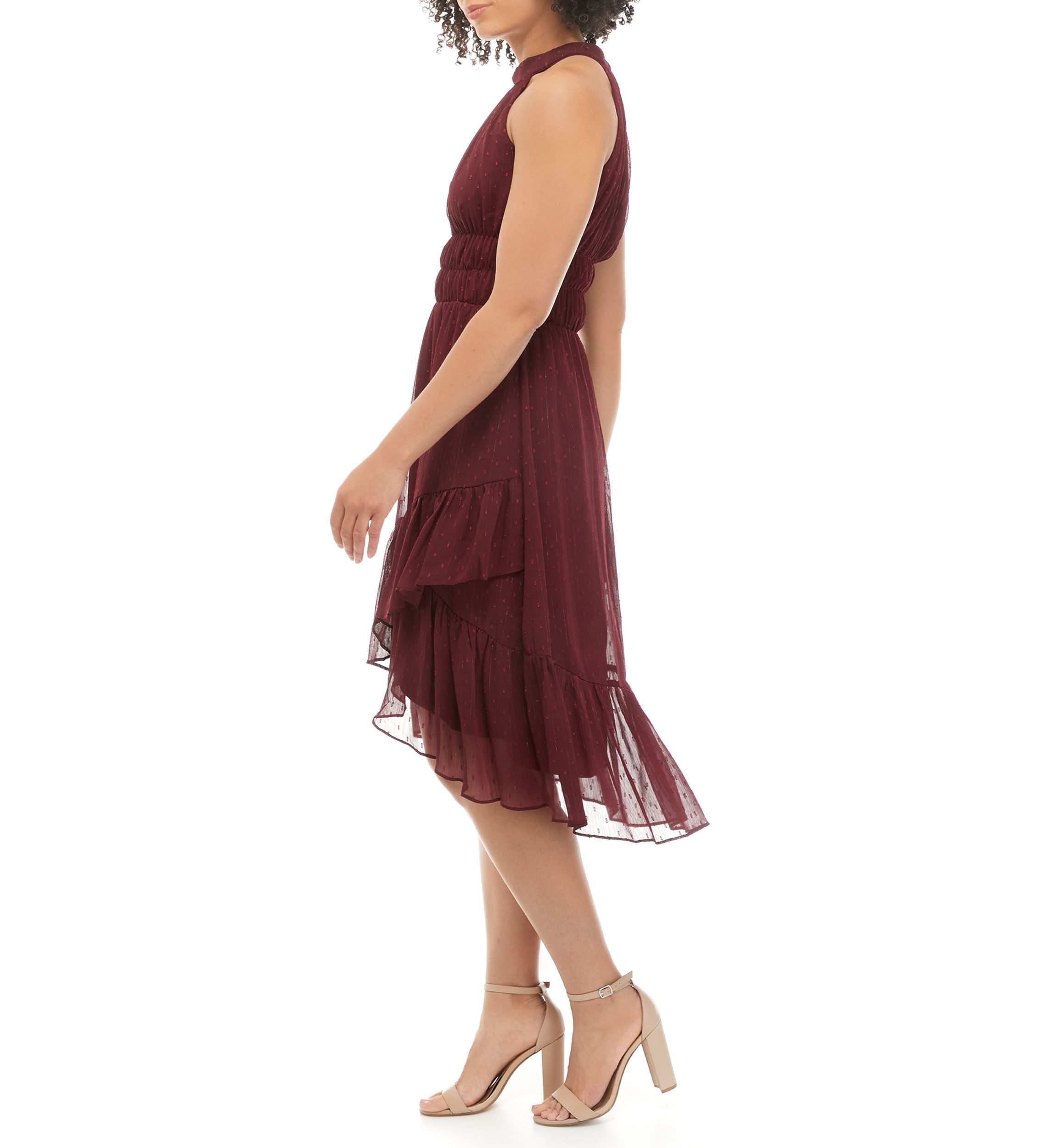 Womens Halter Neck Clip Dot Tiered Midi Dress 