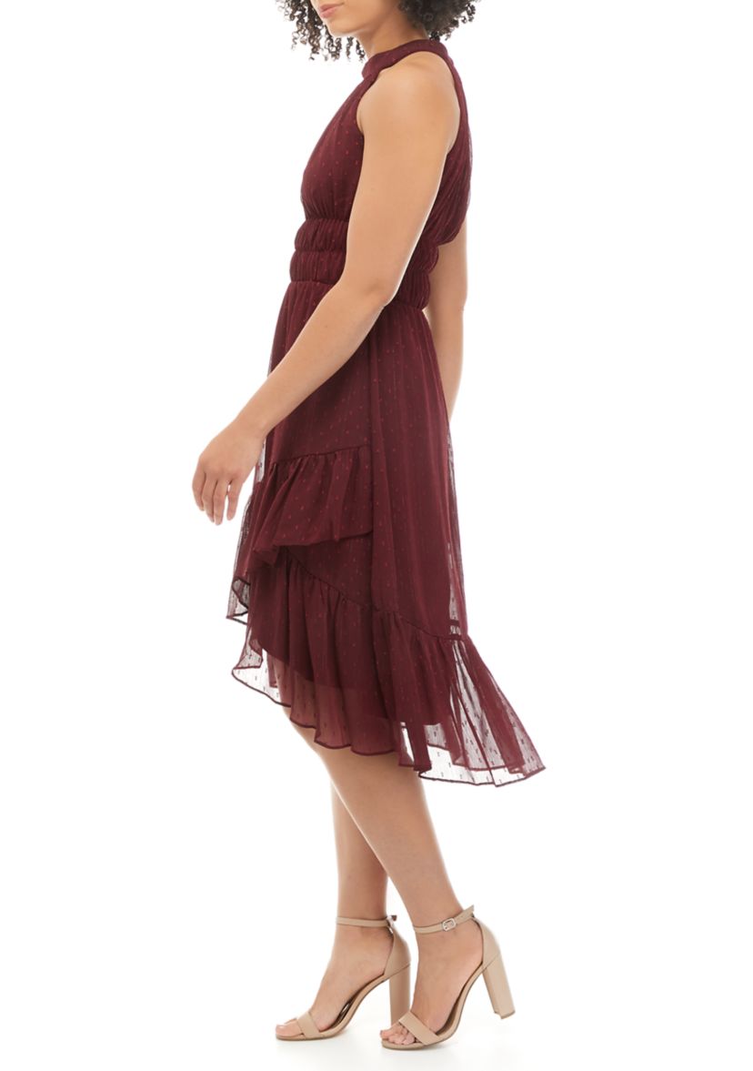 Womens Halter Neck Clip Dot Tiered Midi Dress 