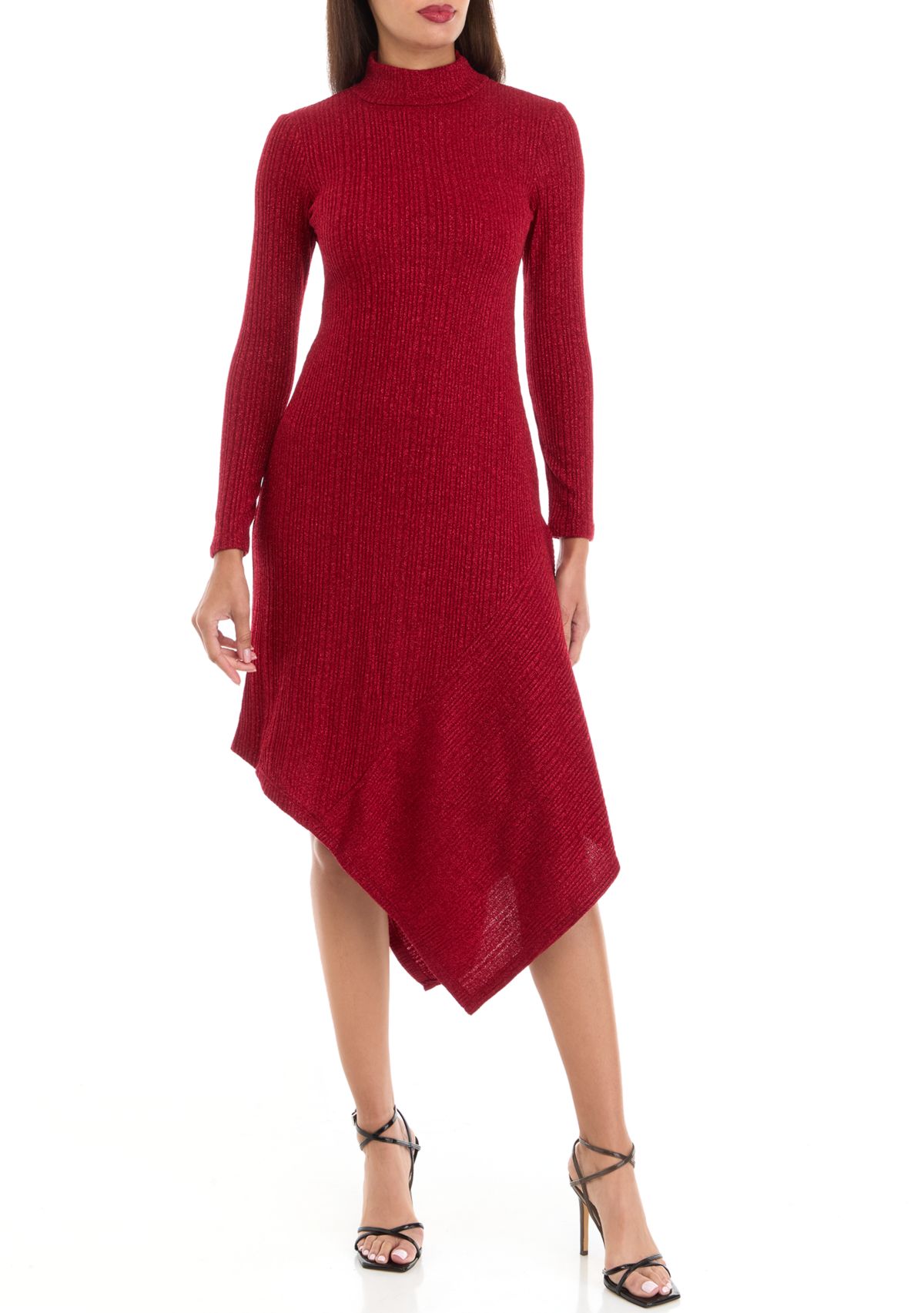 Womens Long Sleeve Mock Neck Solid Glitter Sheath Dress