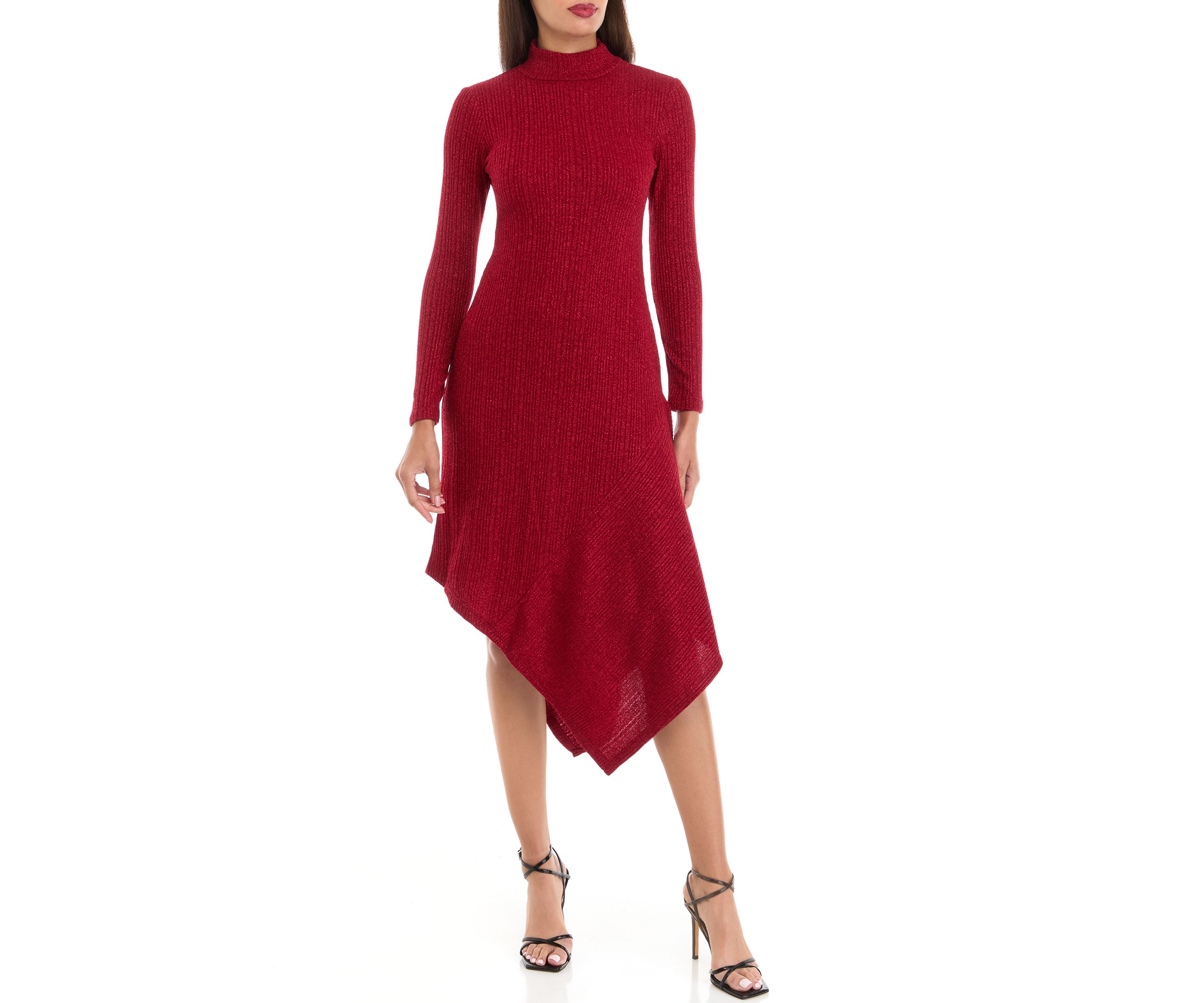 Womens Long Sleeve Mock Neck Solid Glitter Sheath Dress
