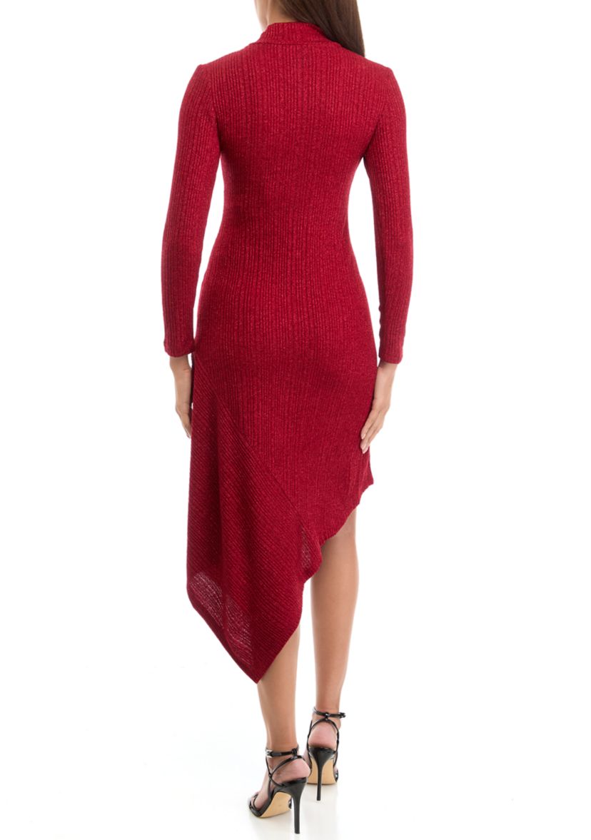 Womens Long Sleeve Mock Neck Solid Glitter Sheath Dress