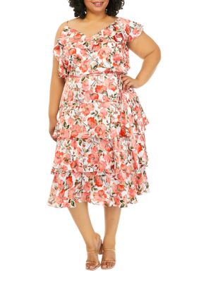 Plus Floral One-Shoulder Ruffled Dress