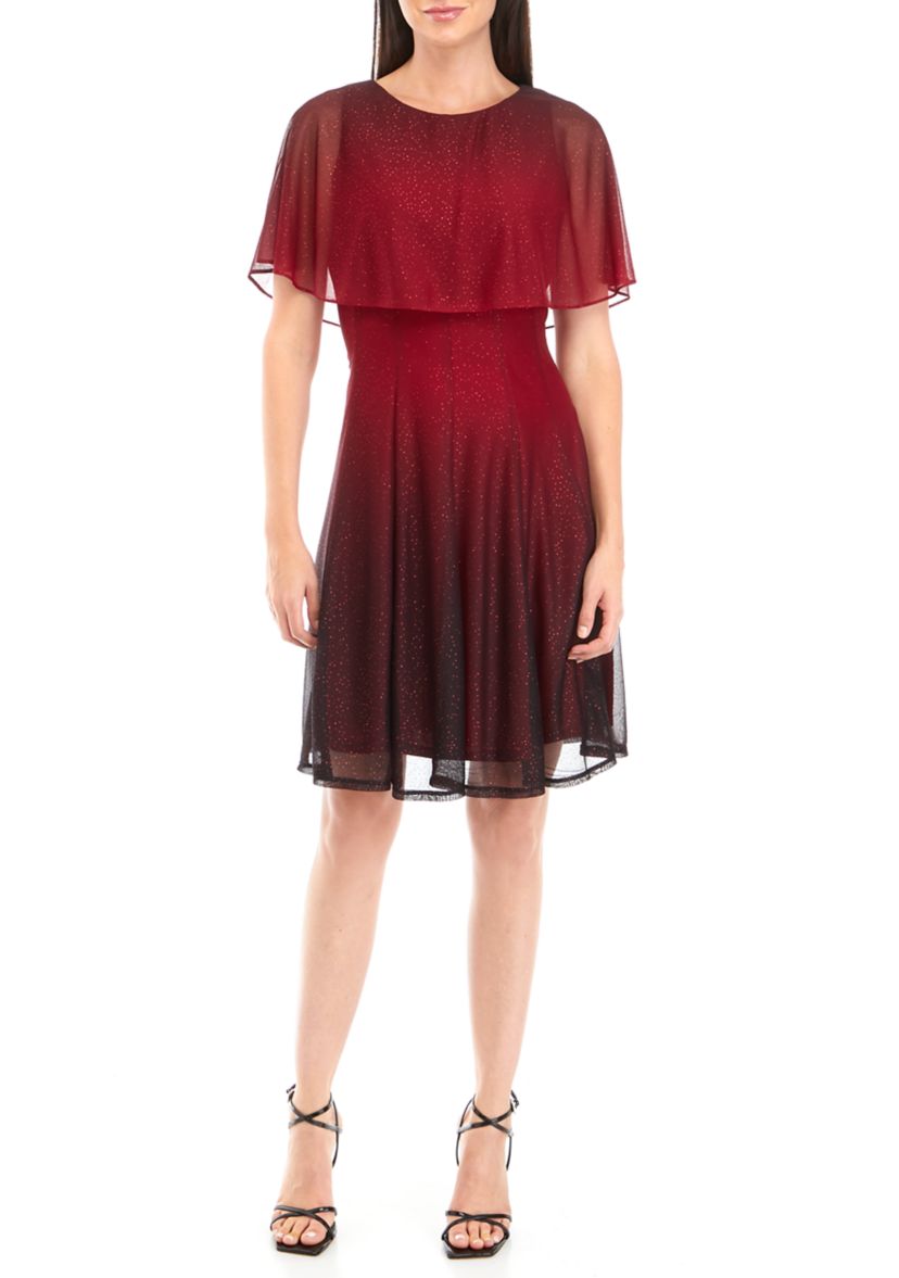 Womens Crew Neck Capelet Glitter Party Dress