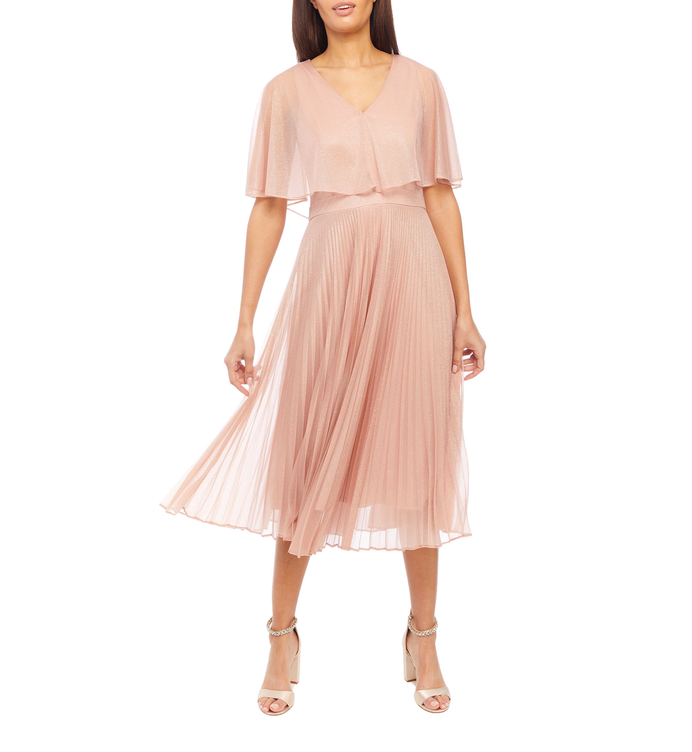 Womens V-Neck Short Sleeve Capelet Pleated Dress