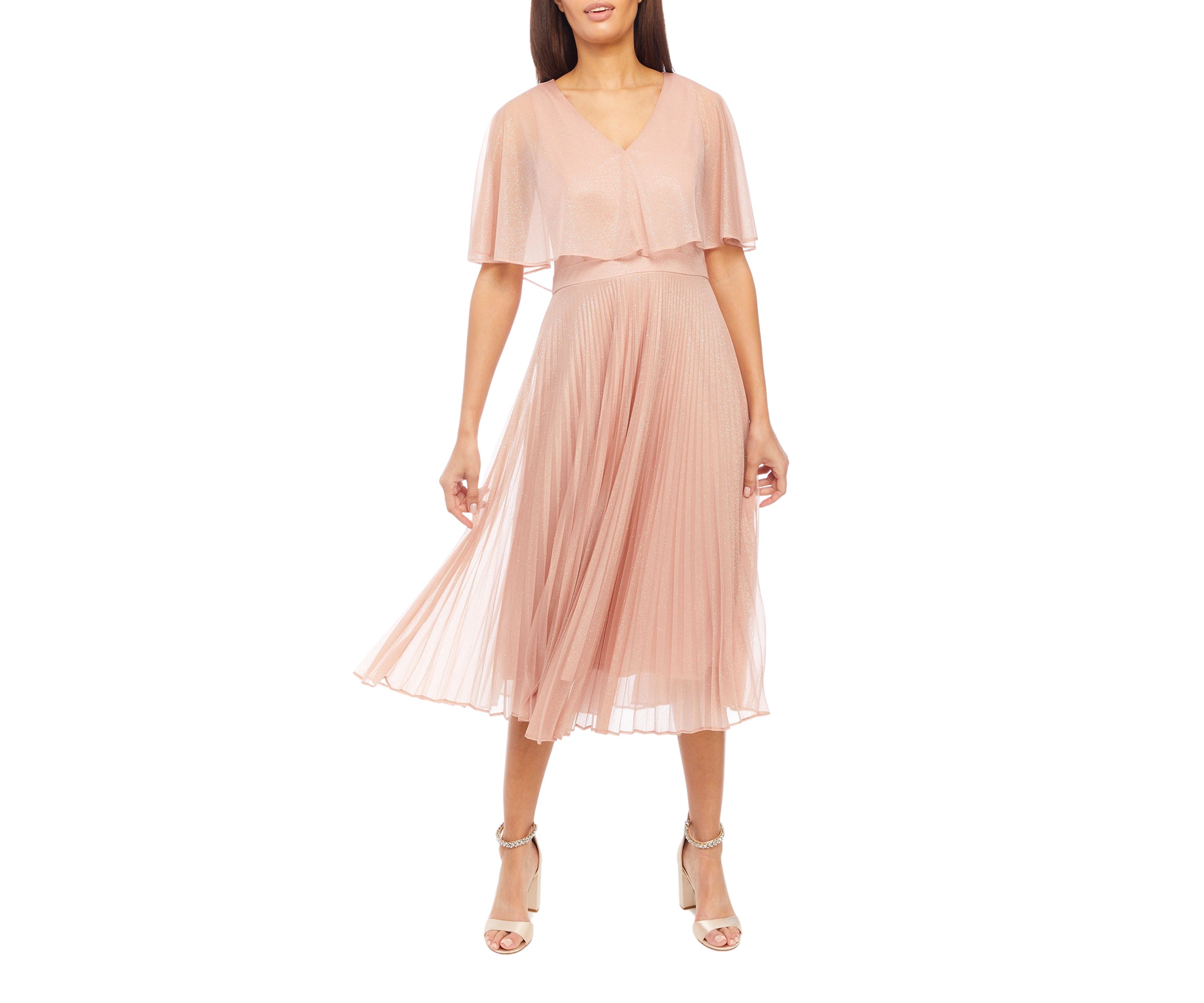 Womens V-Neck Short Sleeve Capelet Pleated Dress