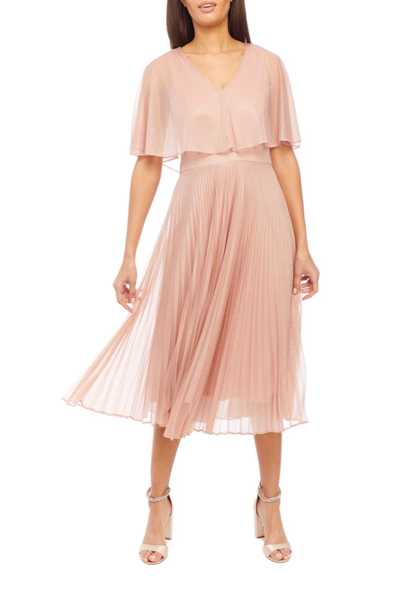 Womens V-Neck Short Sleeve Capelet Pleated Dress