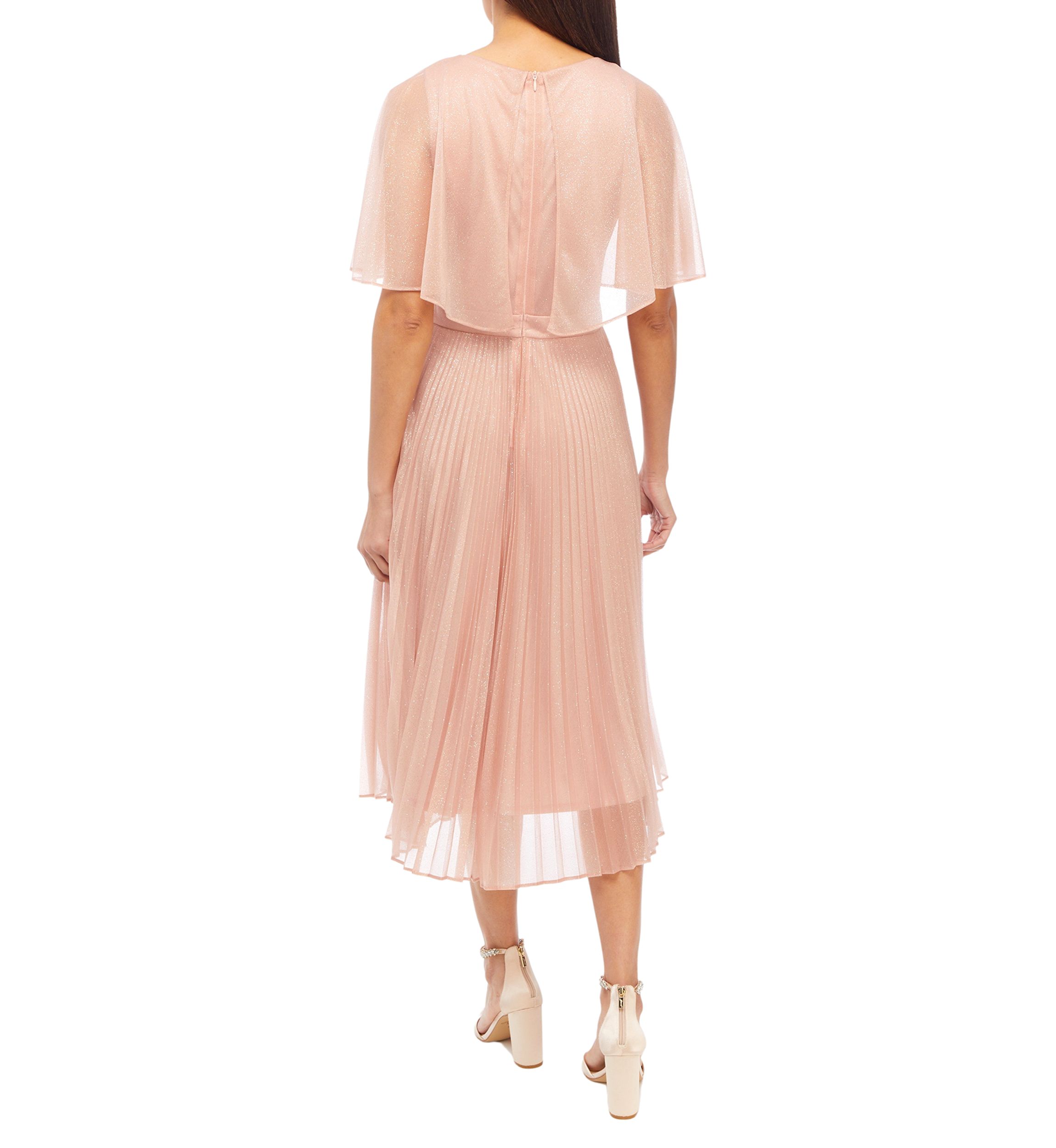 Womens V-Neck Short Sleeve Capelet Pleated Dress