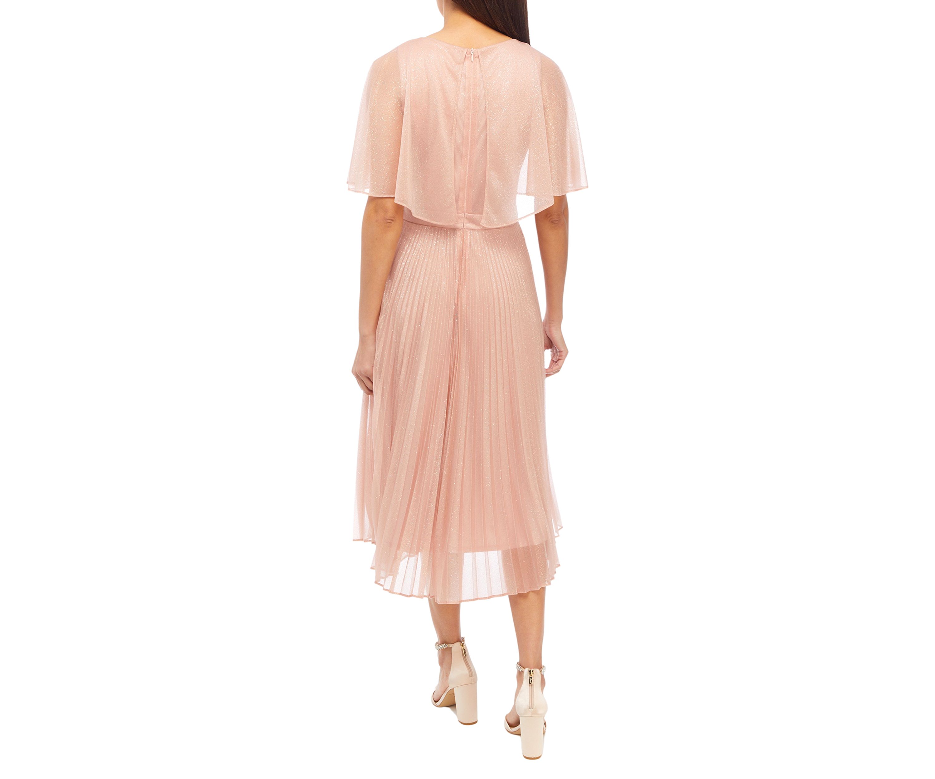 Womens V-Neck Short Sleeve Capelet Pleated Dress