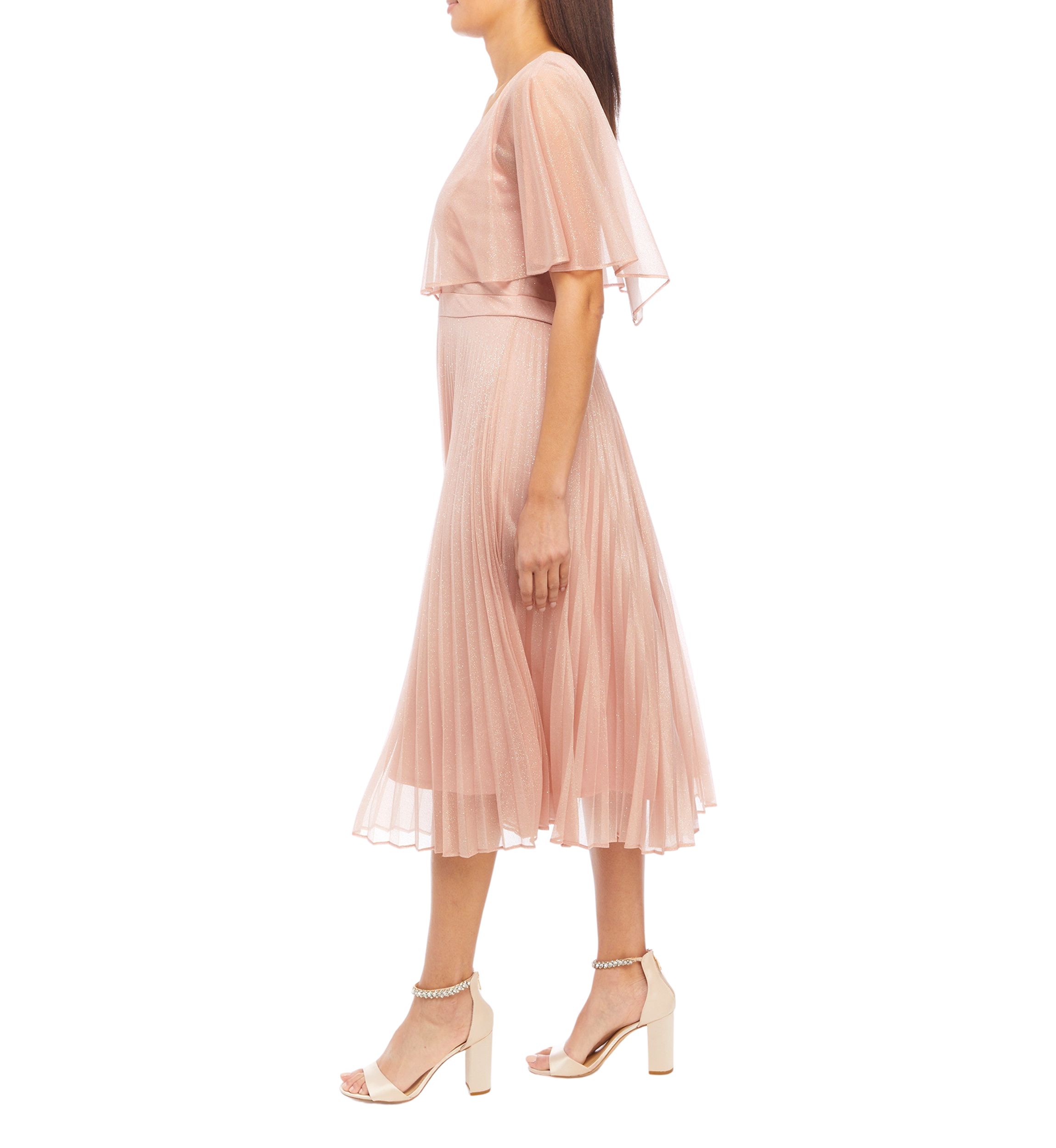 Womens V-Neck Short Sleeve Capelet Pleated Dress
