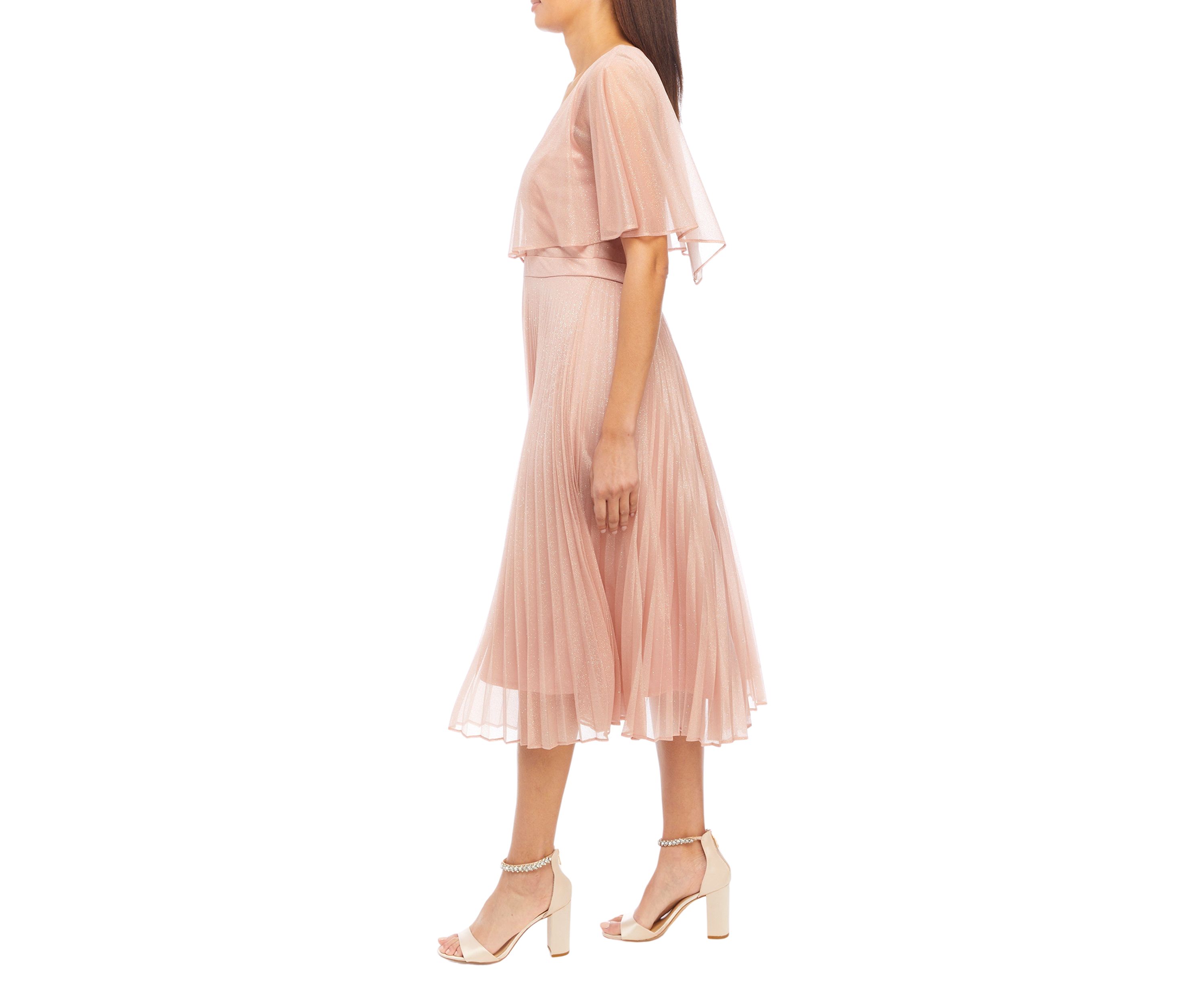 Womens V-Neck Short Sleeve Capelet Pleated Dress