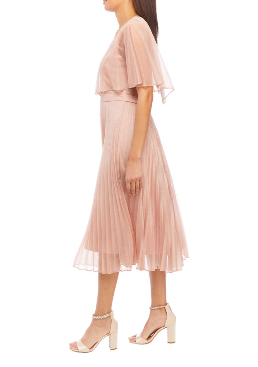 Womens V-Neck Short Sleeve Capelet Pleated Dress