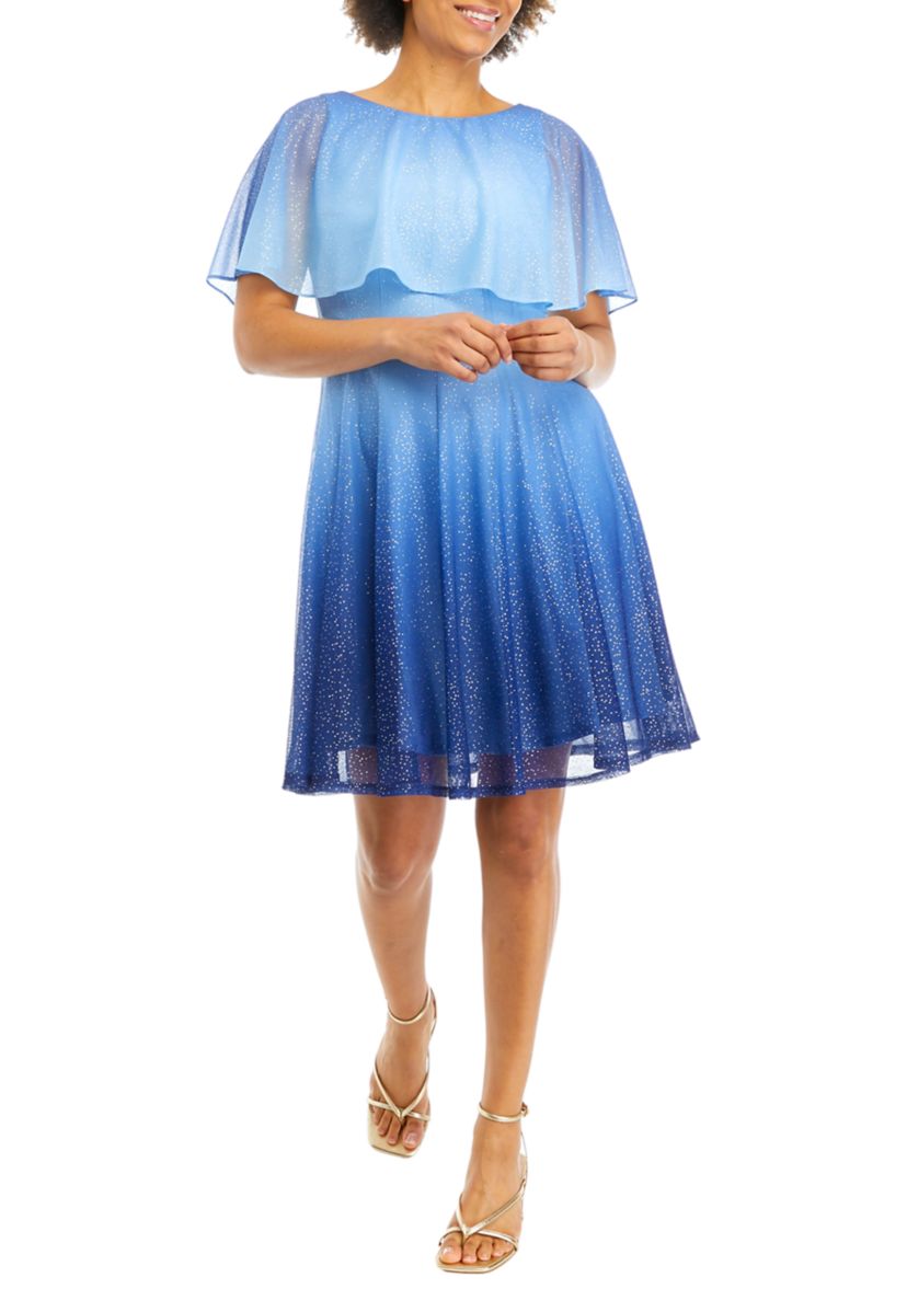Womens Crew Neck Glitter Knit Capelet Midi Dress