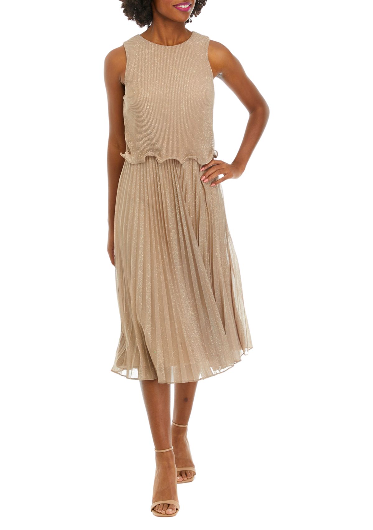 Womens Sleeveless Ruffle Hem Shimmer A-Line Dress