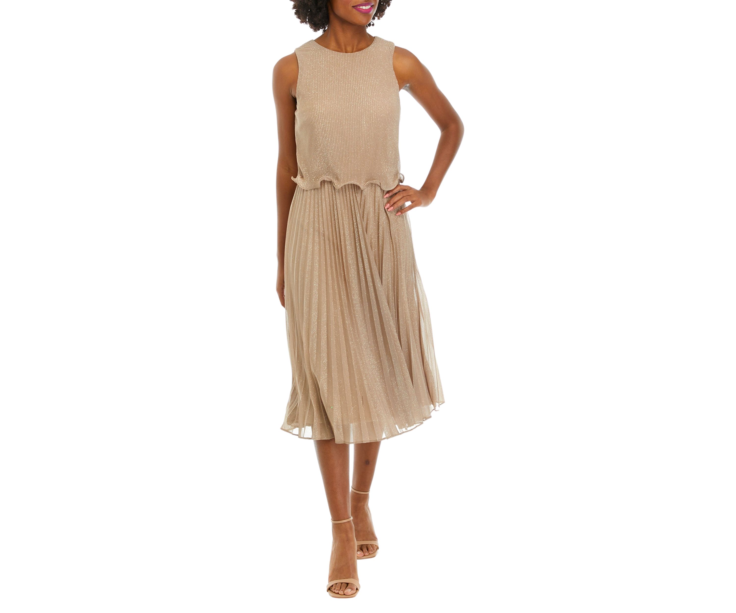 Womens Sleeveless Ruffle Hem Shimmer A-Line Dress