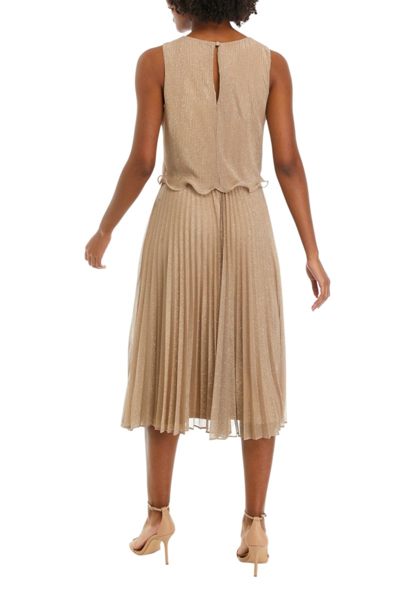 Womens Sleeveless Ruffle Hem Shimmer A-Line Dress