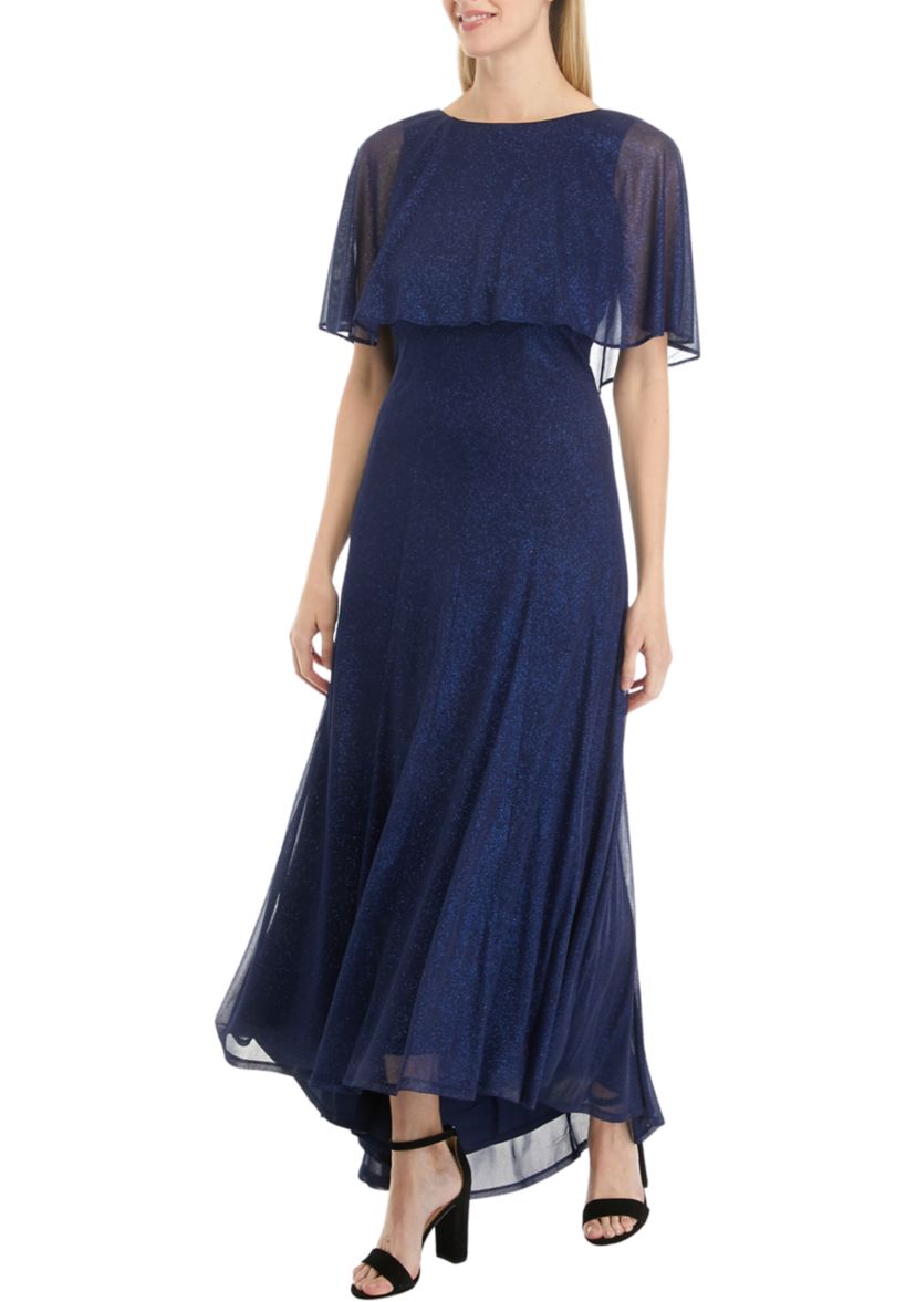 Womens Short Sleeve Solid Glitter Knit Capelet Dress