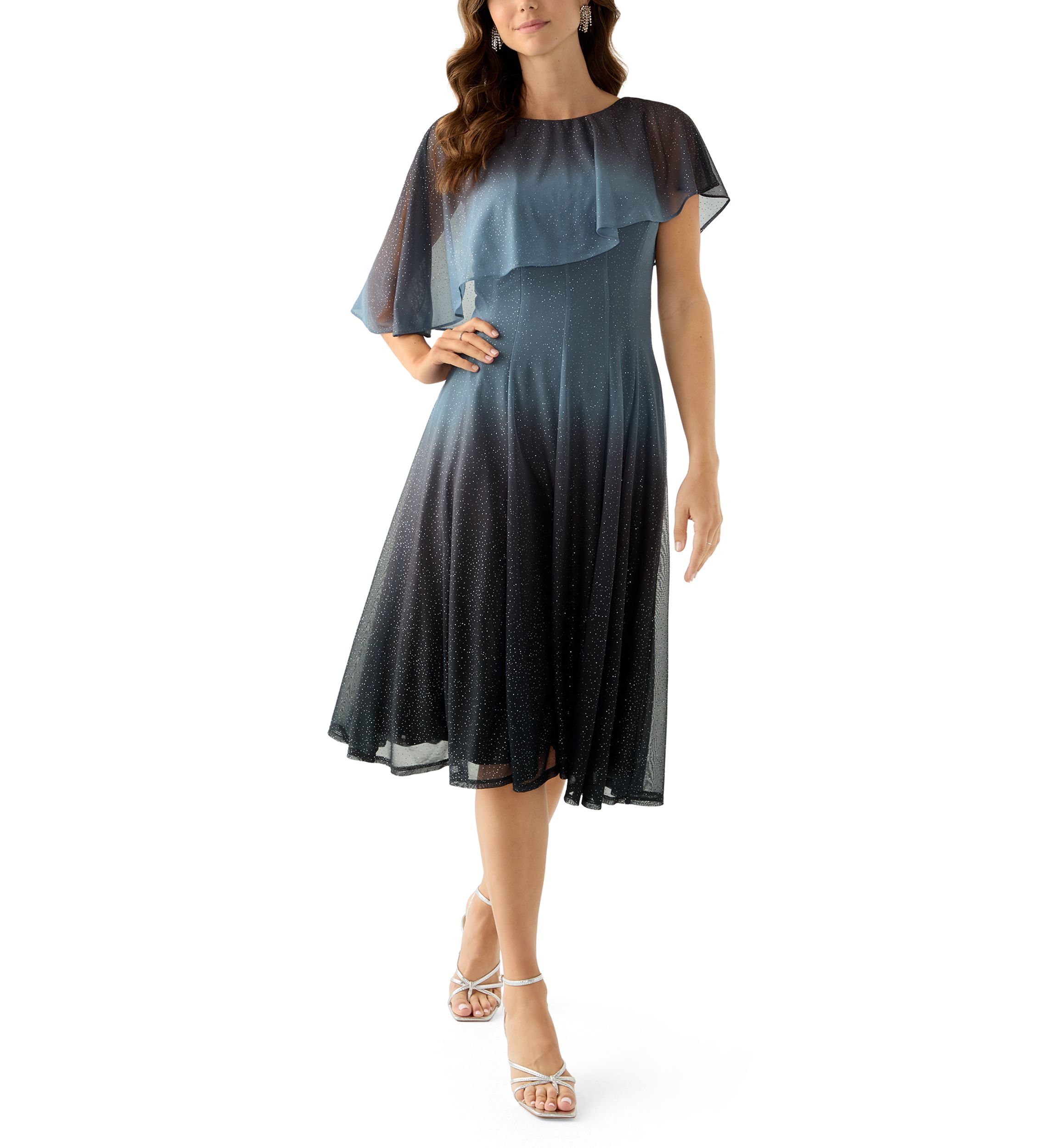 Womens Cape Sleeve Solid Sparkly Mesh Short Cocktail Dress 