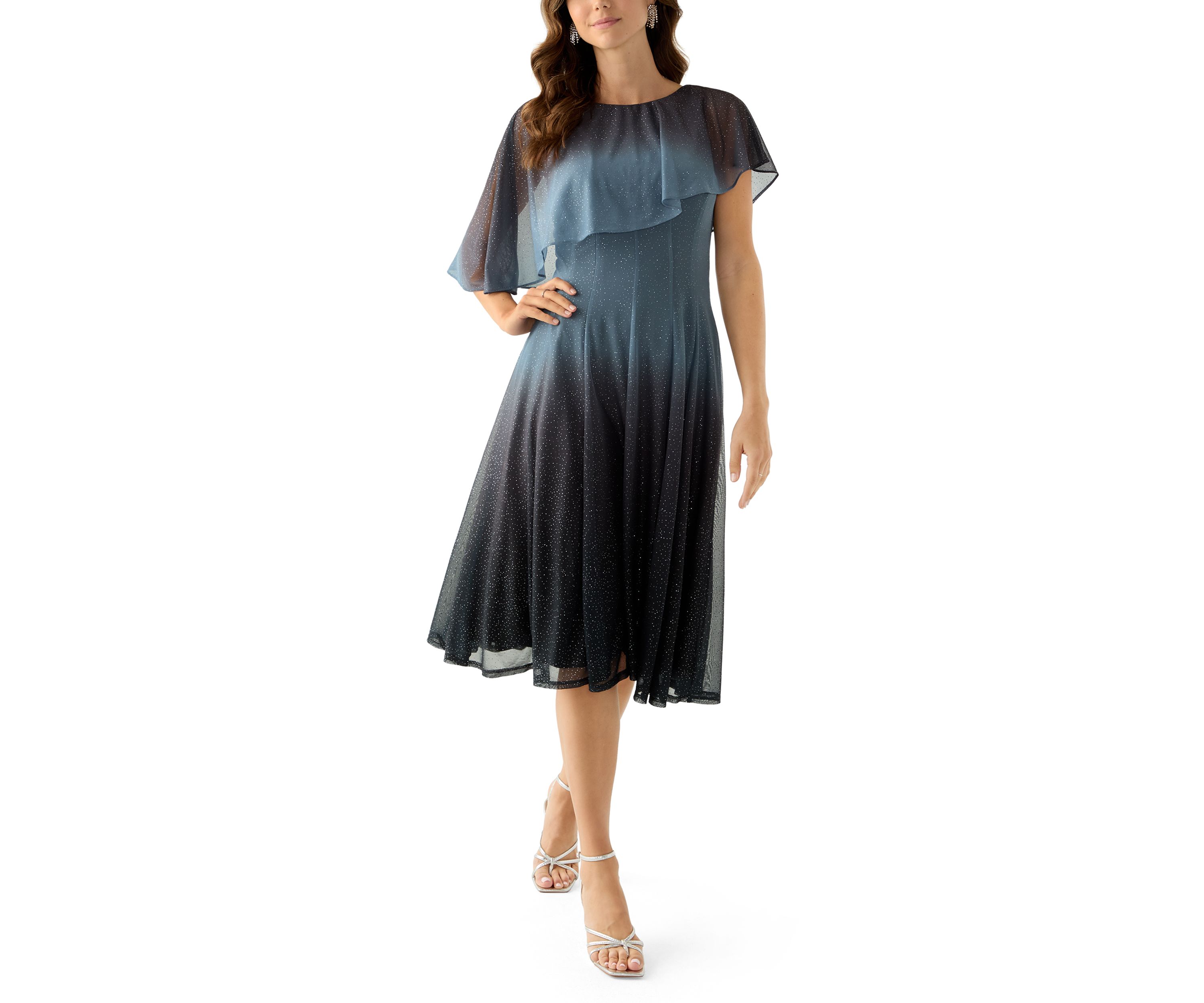Womens Cape Sleeve Solid Sparkly Mesh Short Cocktail Dress 