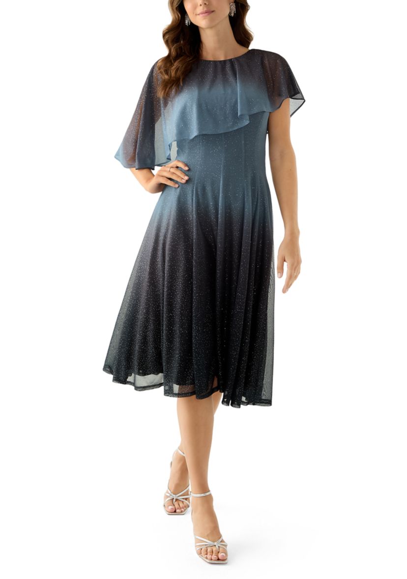 Womens Cape Sleeve Solid Sparkly Mesh Short Cocktail Dress 