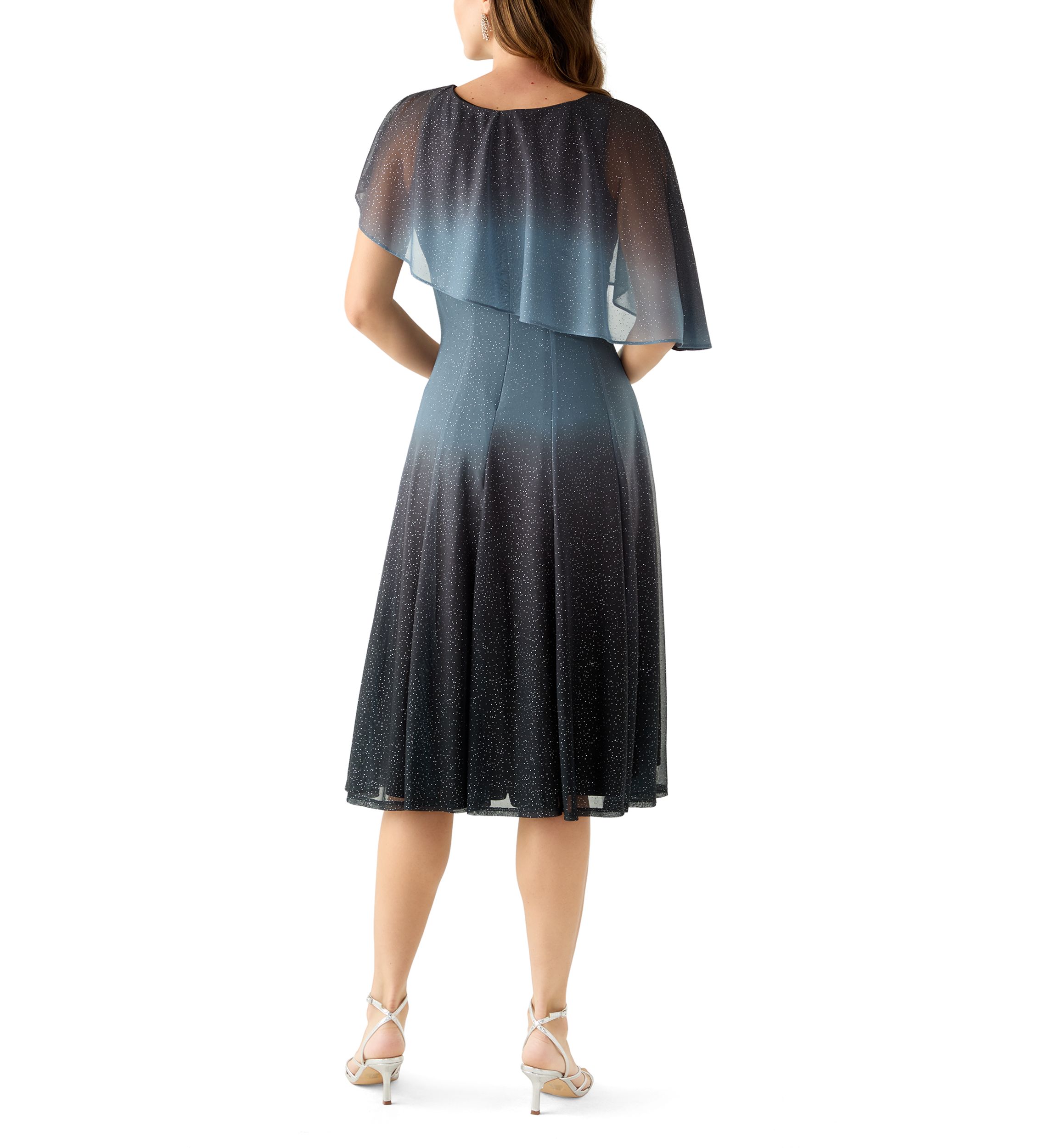 Womens Cape Sleeve Solid Sparkly Mesh Short Cocktail Dress 