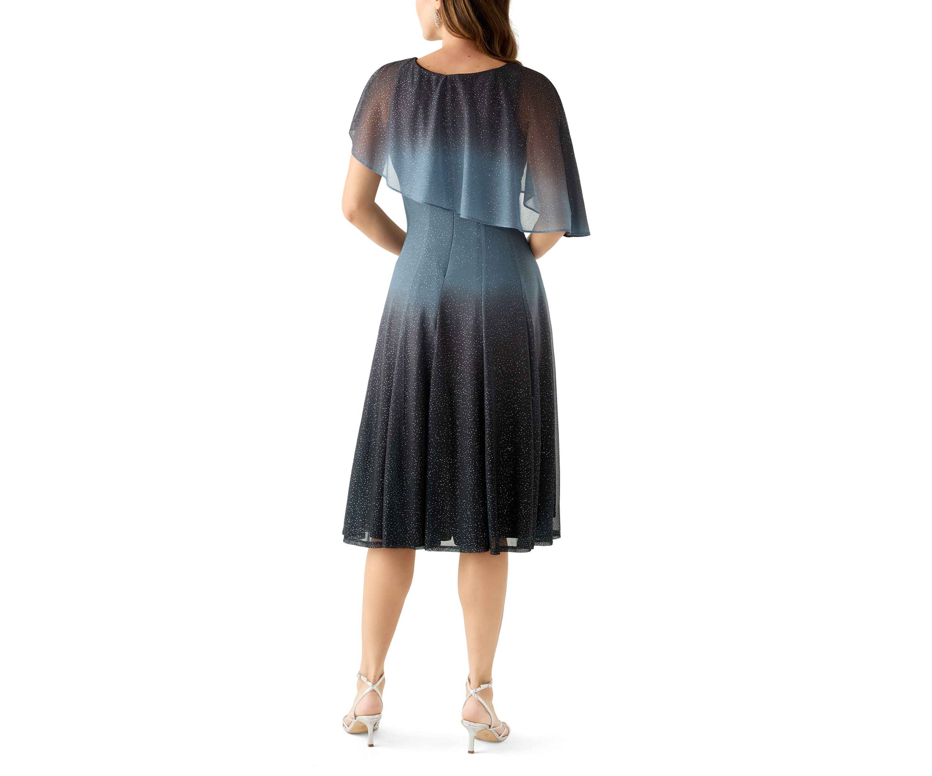 Womens Cape Sleeve Solid Sparkly Mesh Short Cocktail Dress 