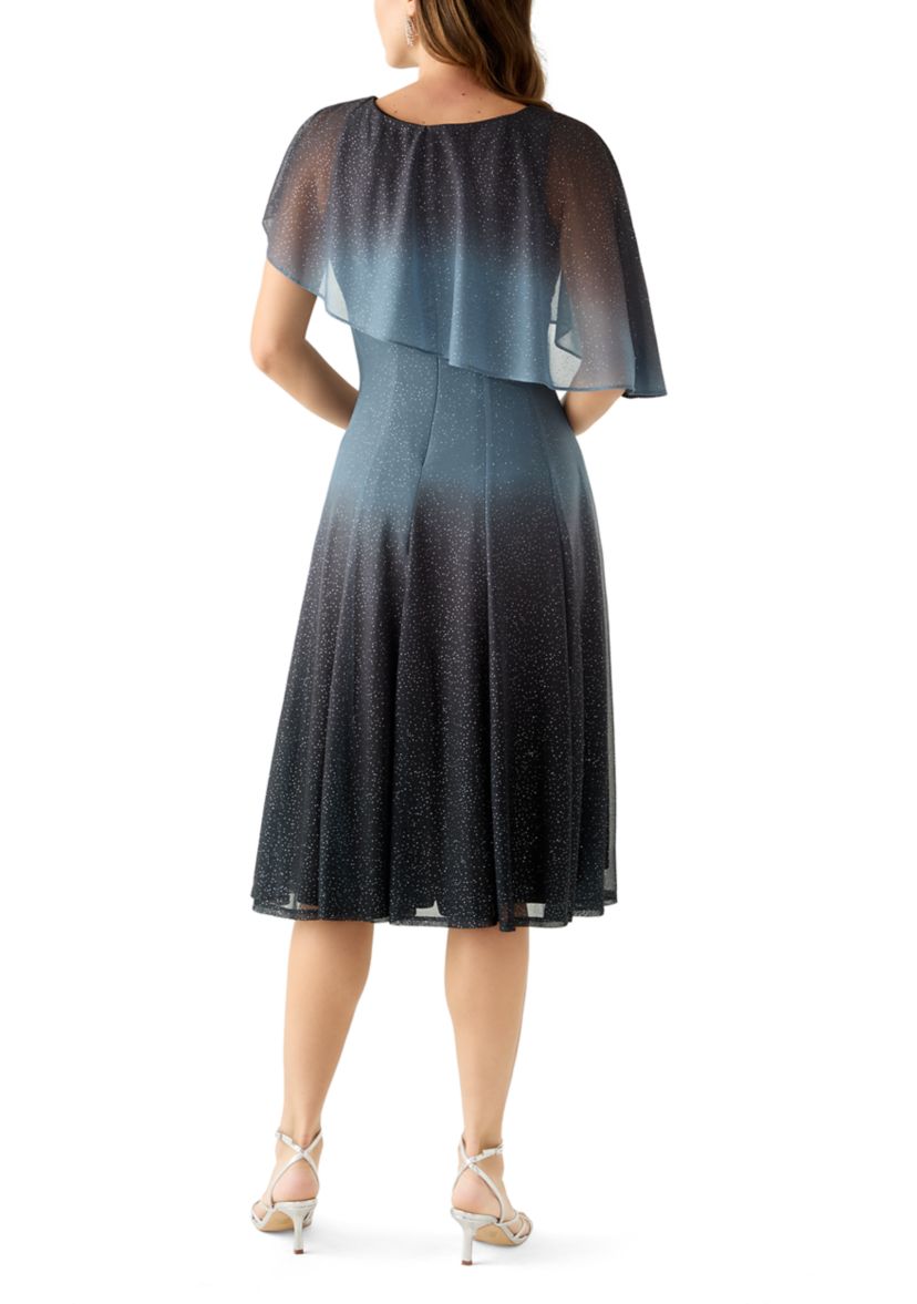 Womens Cape Sleeve Solid Sparkly Mesh Short Cocktail Dress 