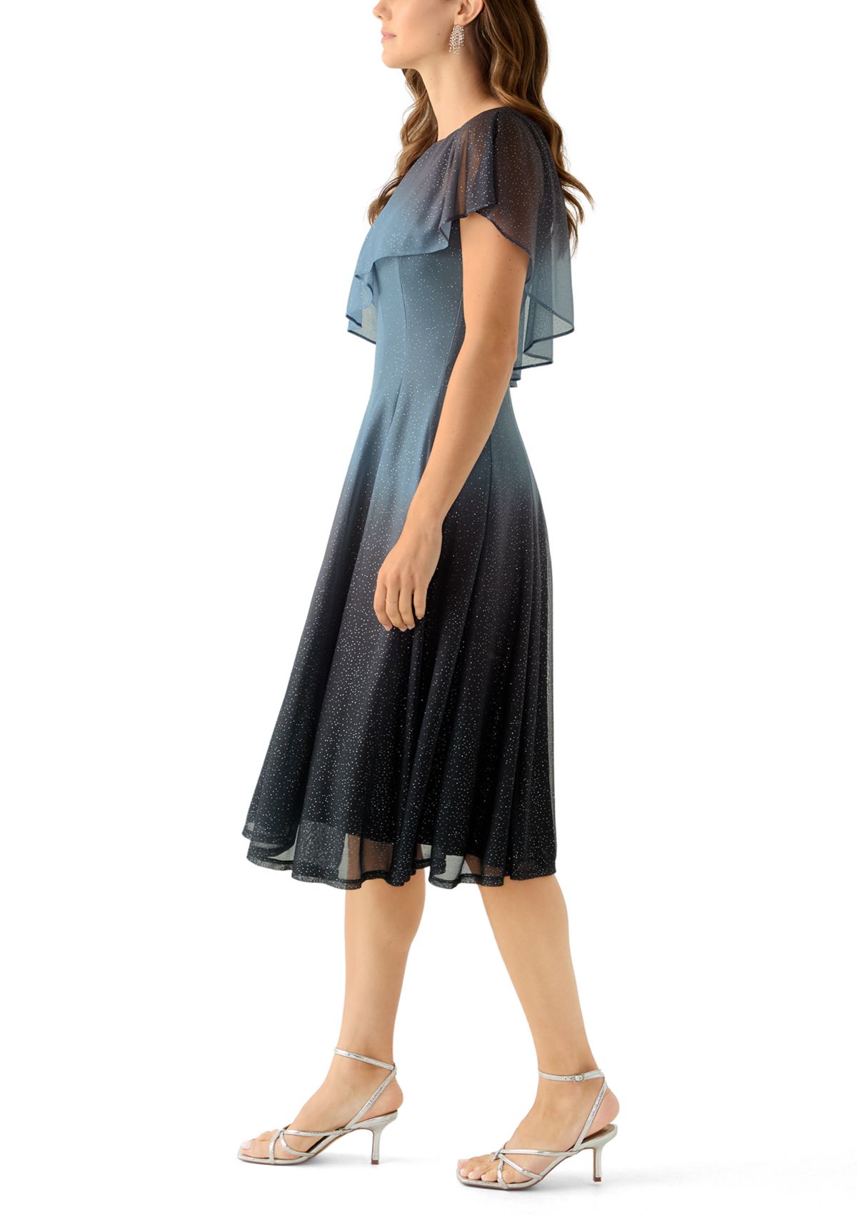 Womens Cape Sleeve Solid Sparkly Mesh Short Cocktail Dress 