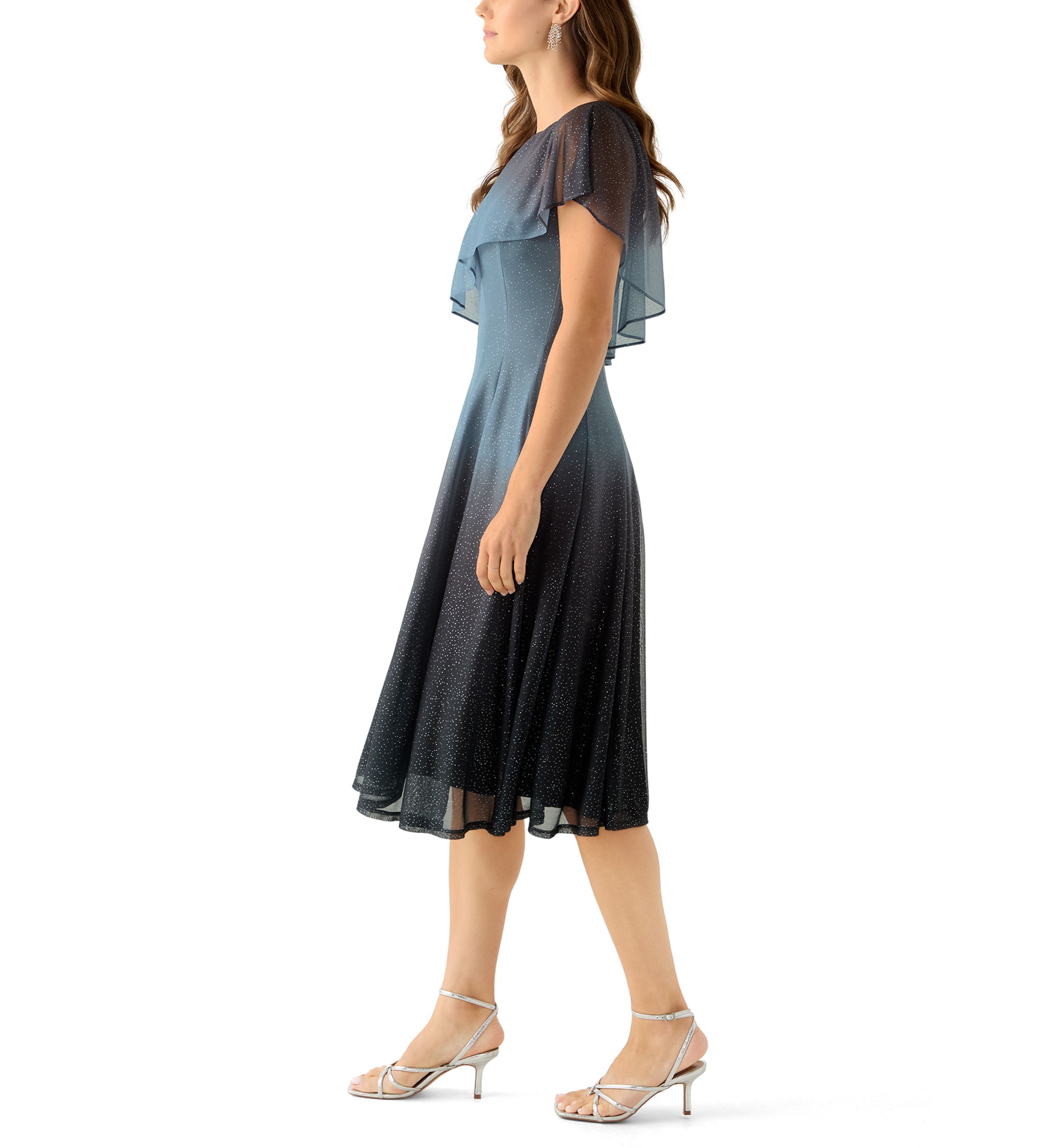 Womens Cape Sleeve Solid Sparkly Mesh Short Cocktail Dress 
