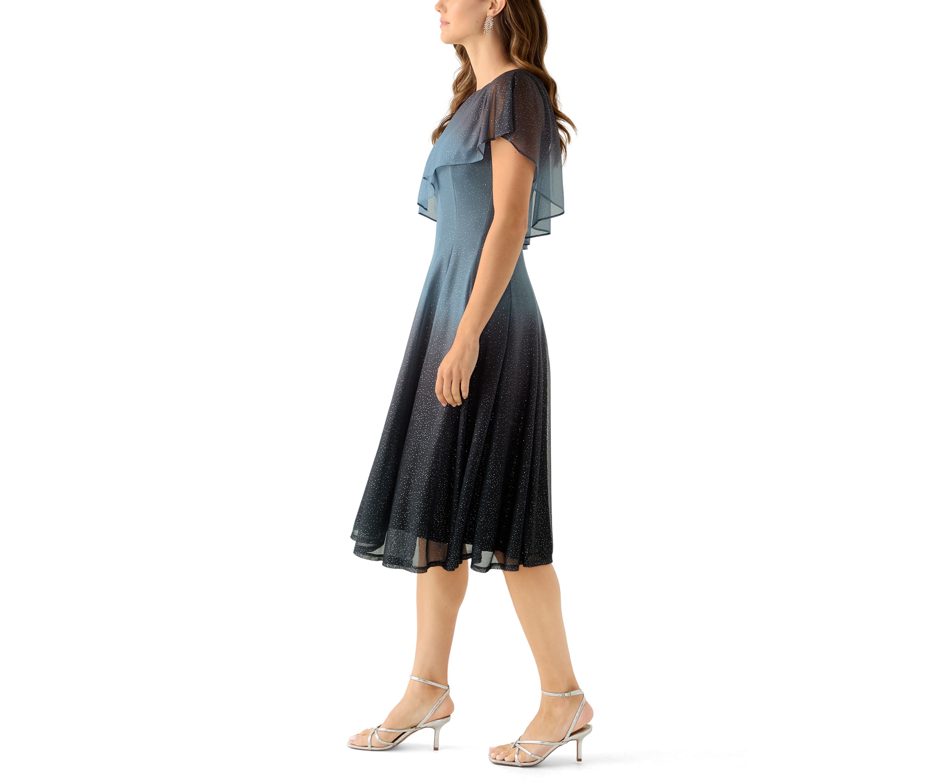 Womens Cape Sleeve Solid Sparkly Mesh Short Cocktail Dress 