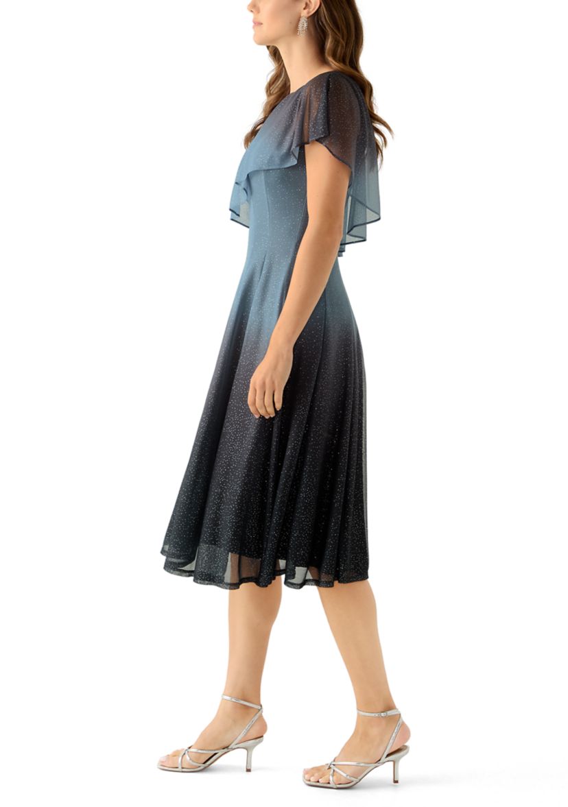 Womens Cape Sleeve Solid Sparkly Mesh Short Cocktail Dress 