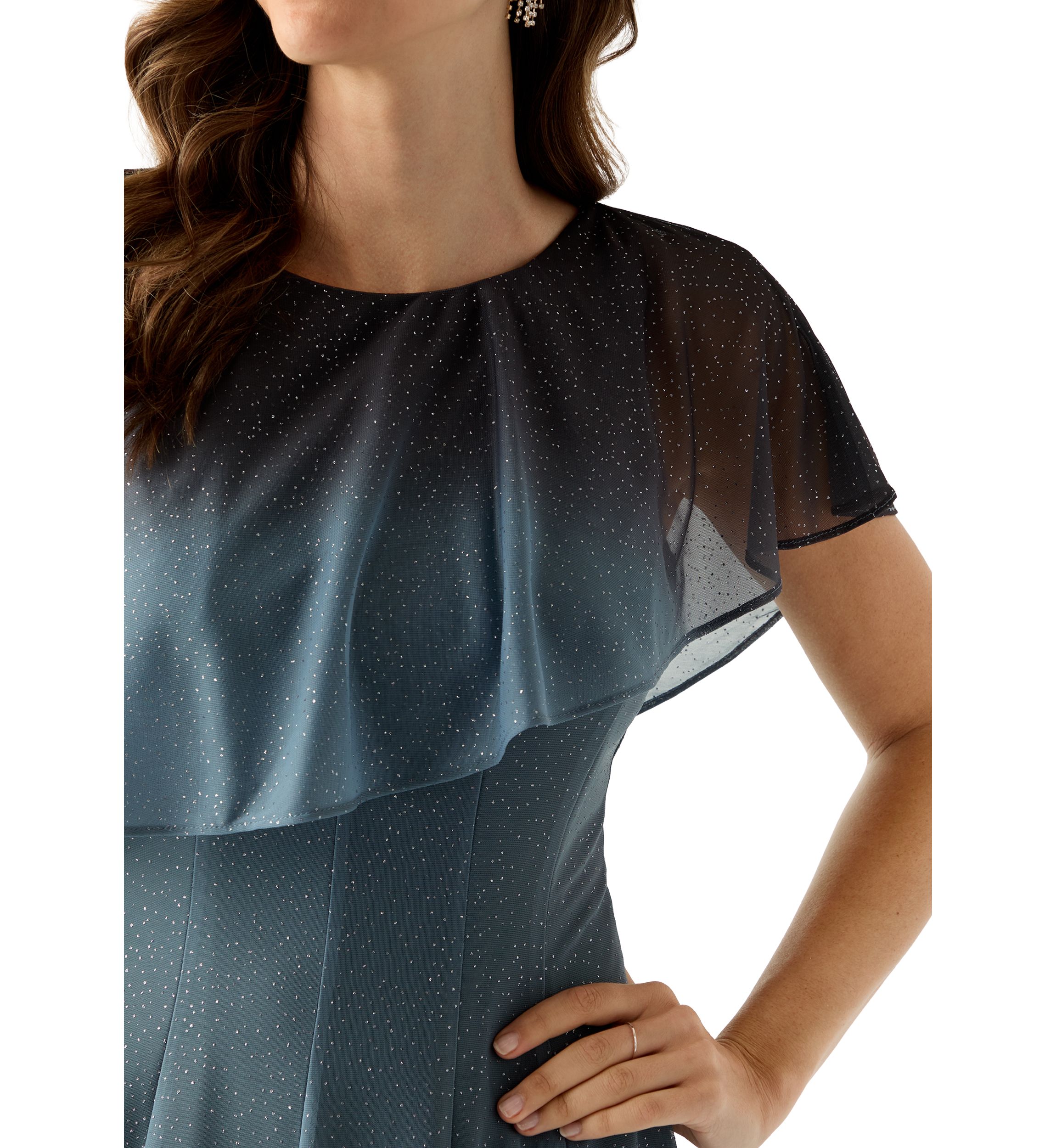Womens Cape Sleeve Solid Sparkly Mesh Short Cocktail Dress 