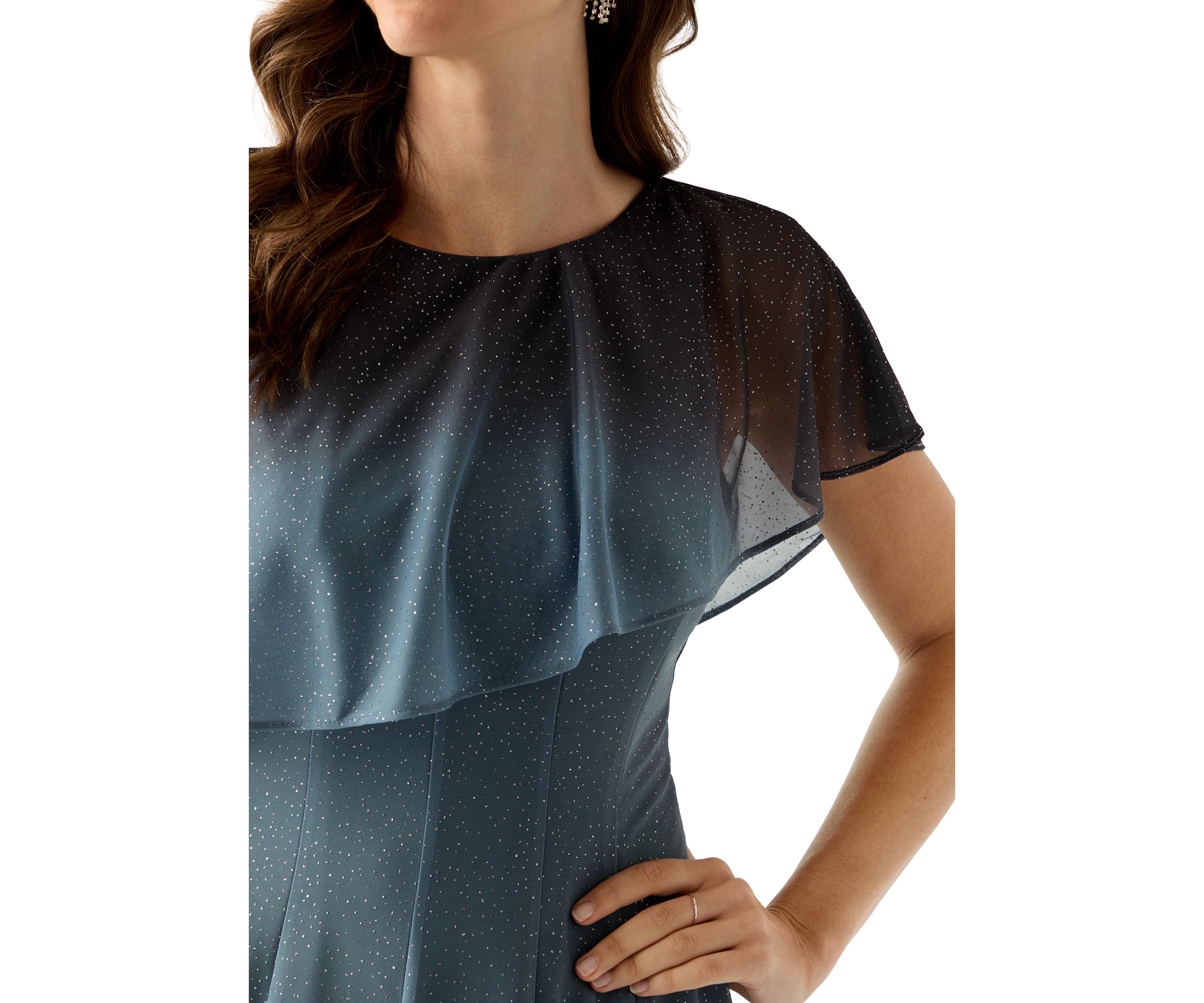 Womens Cape Sleeve Solid Sparkly Mesh Short Cocktail Dress 
