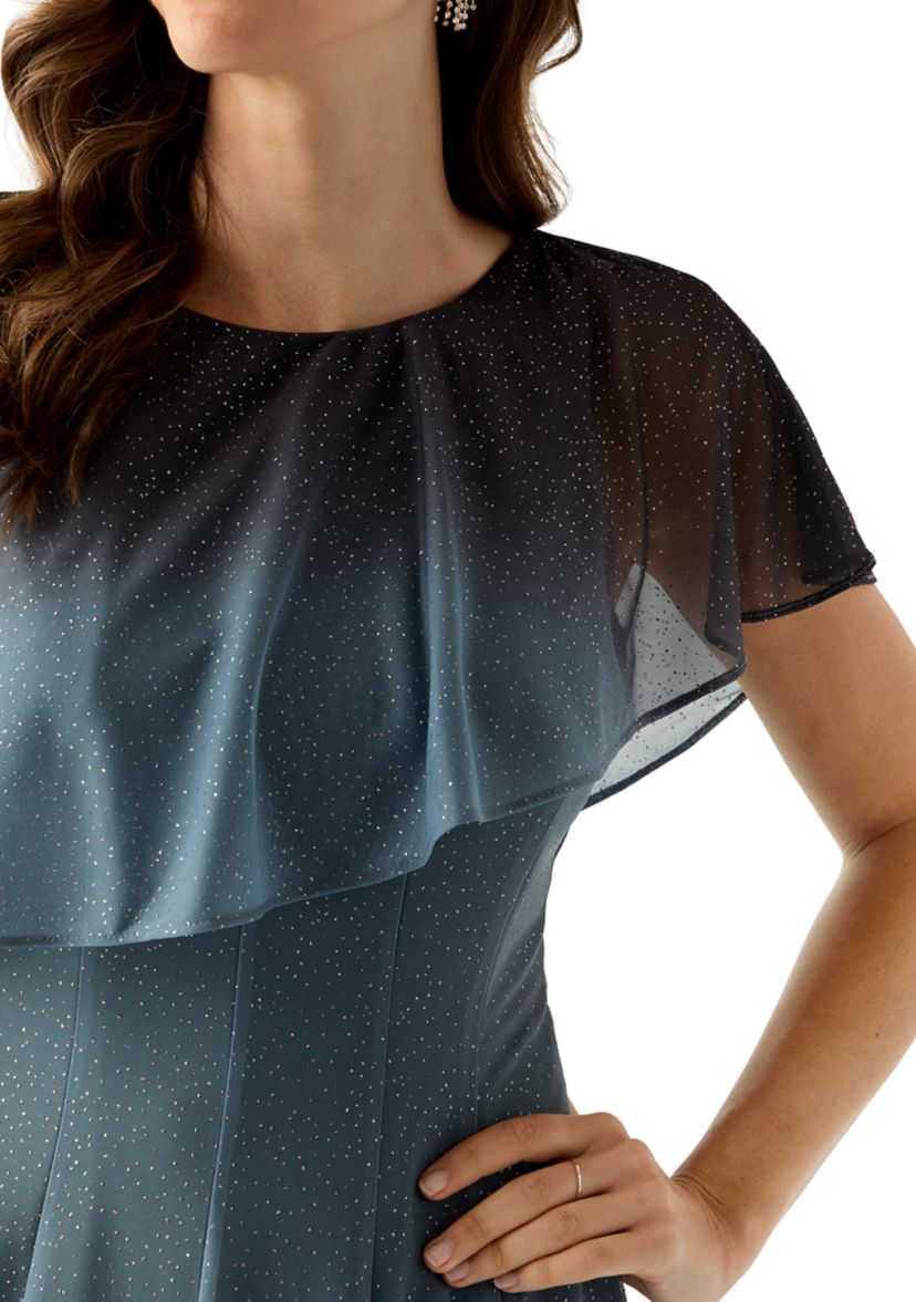 Womens Cape Sleeve Solid Sparkly Mesh Short Cocktail Dress 