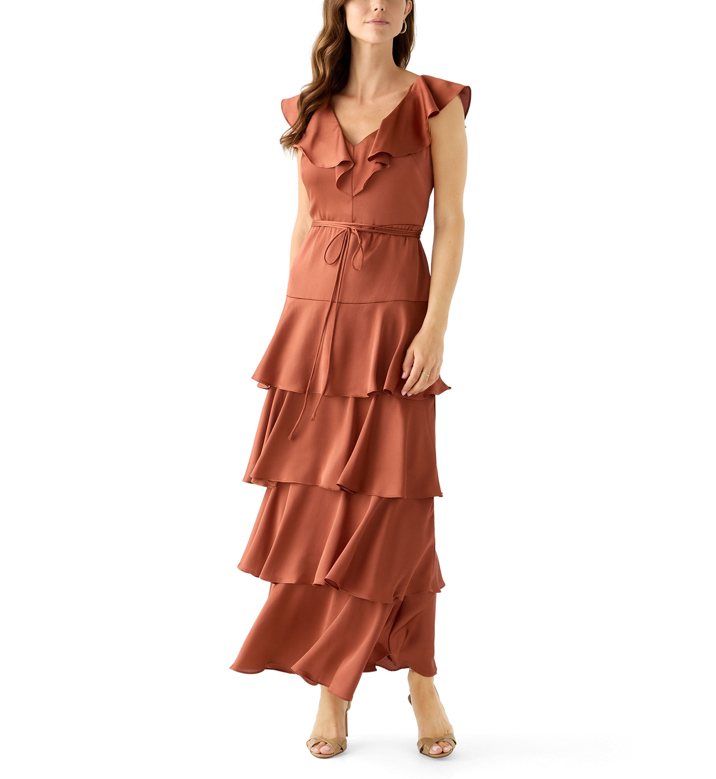 Womens Short Sleeve V-Neck Ruffled Satin Gown