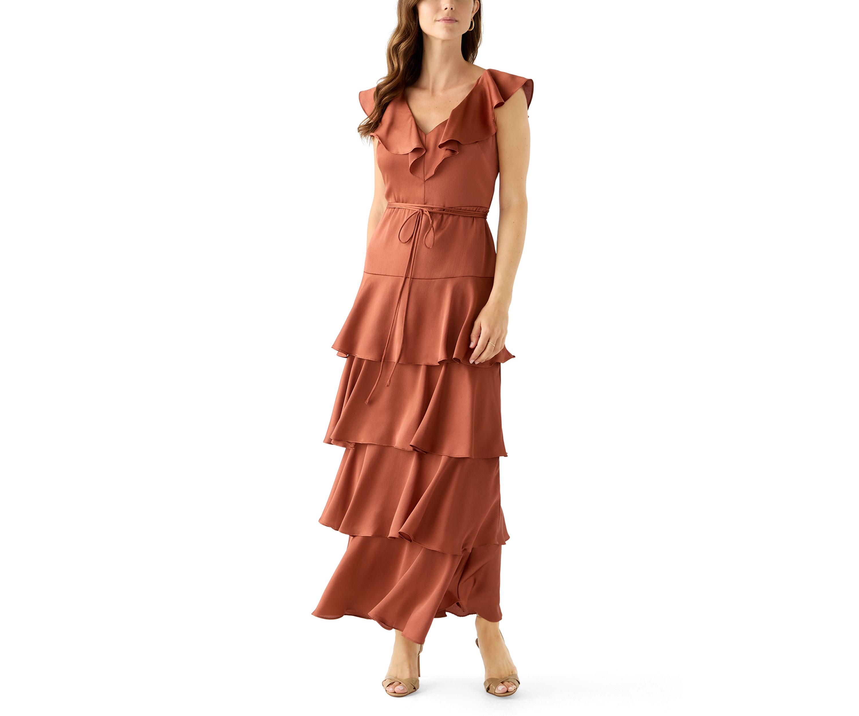 Womens Short Sleeve V-Neck Ruffled Satin Gown