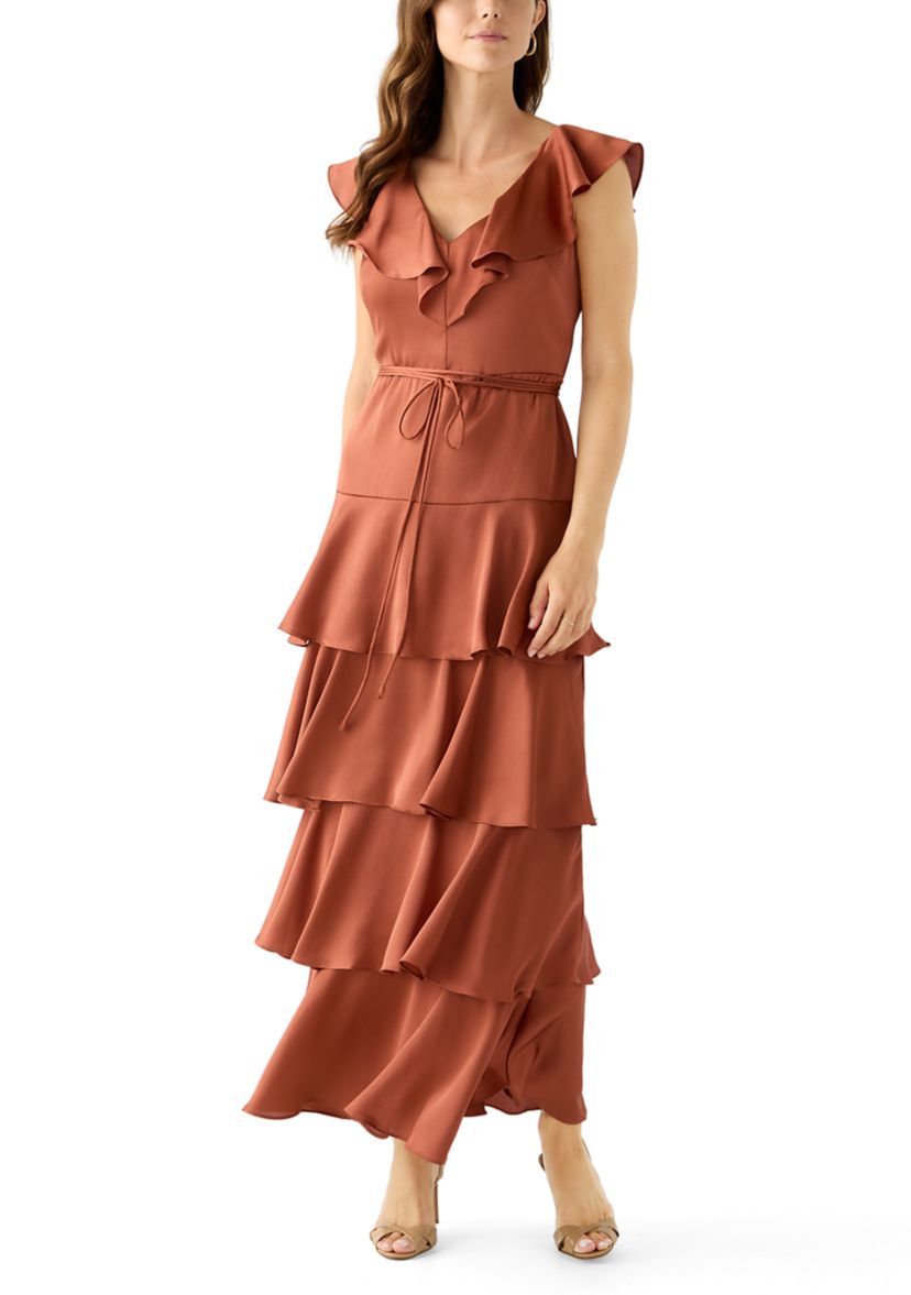 Womens Short Sleeve V-Neck Ruffled Satin Gown