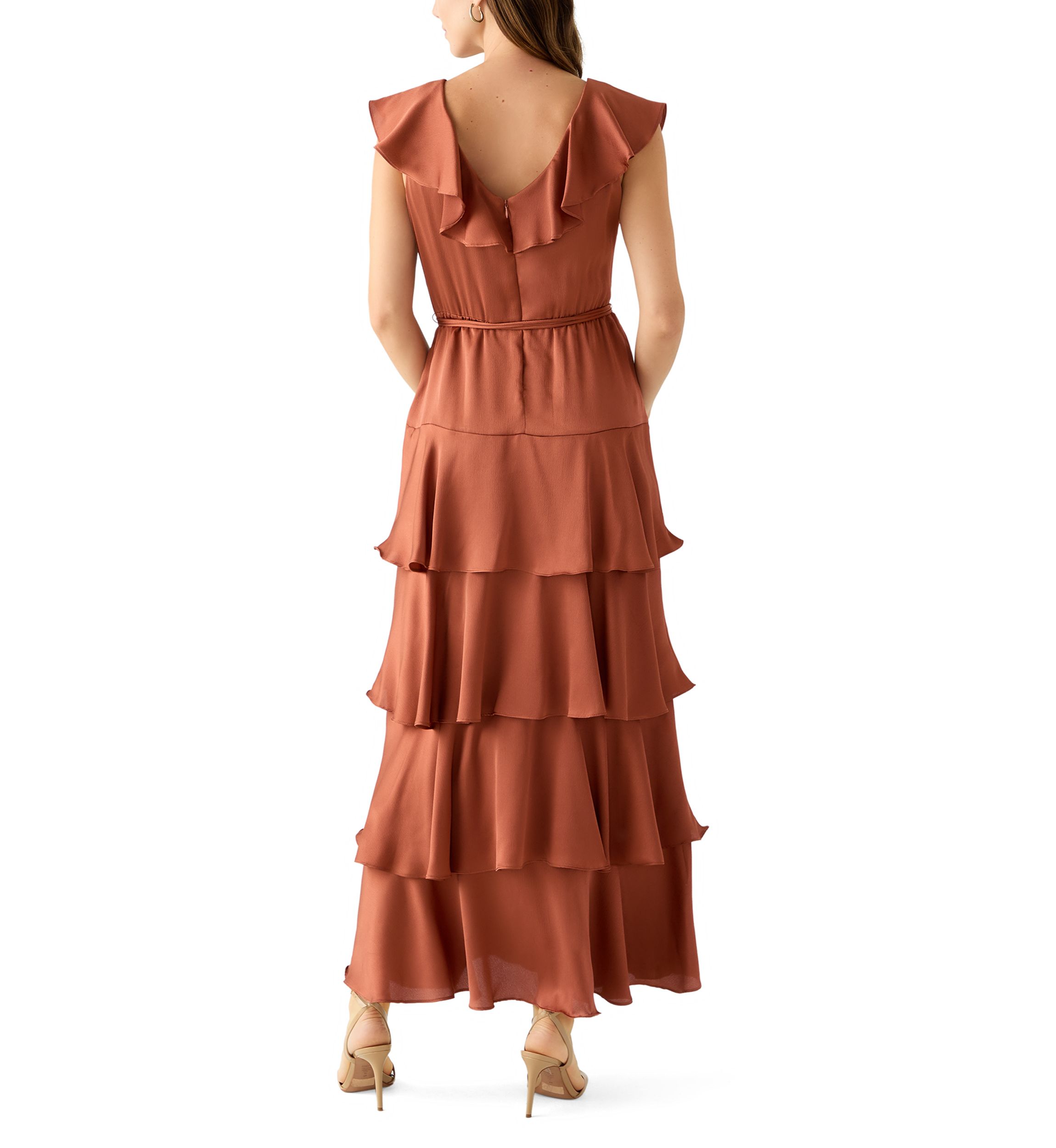 Womens Short Sleeve V-Neck Ruffled Satin Gown