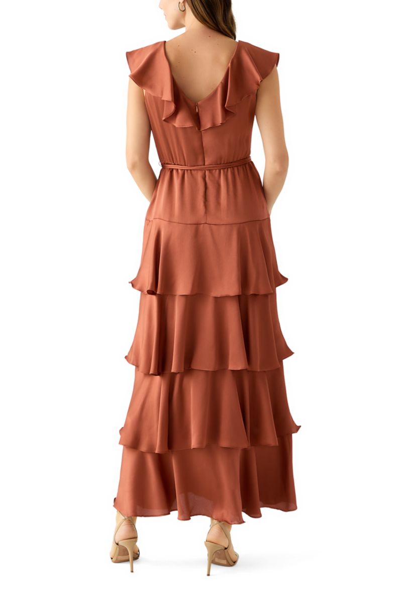 Womens Short Sleeve V-Neck Ruffled Satin Gown