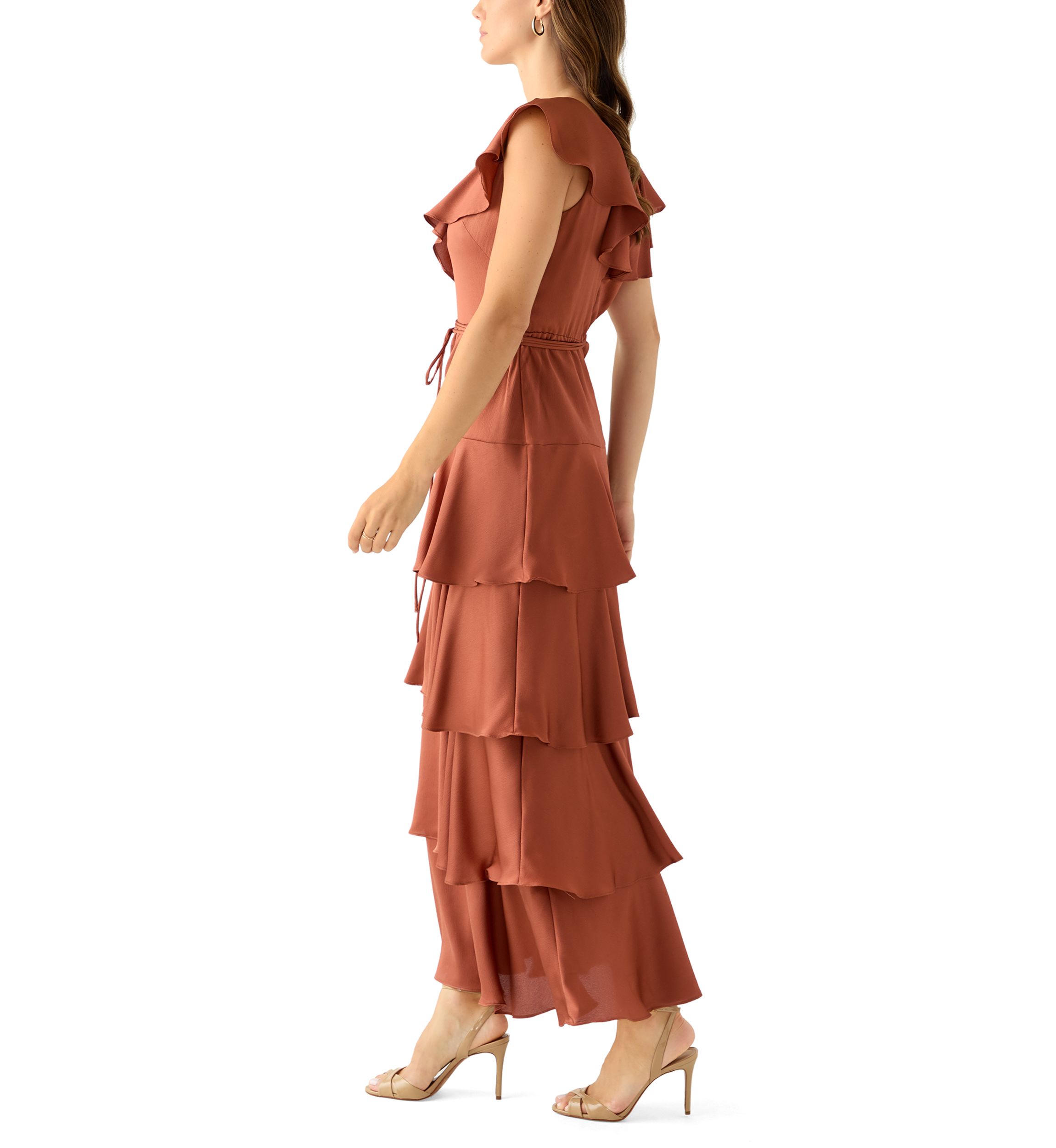Womens Short Sleeve V-Neck Ruffled Satin Gown