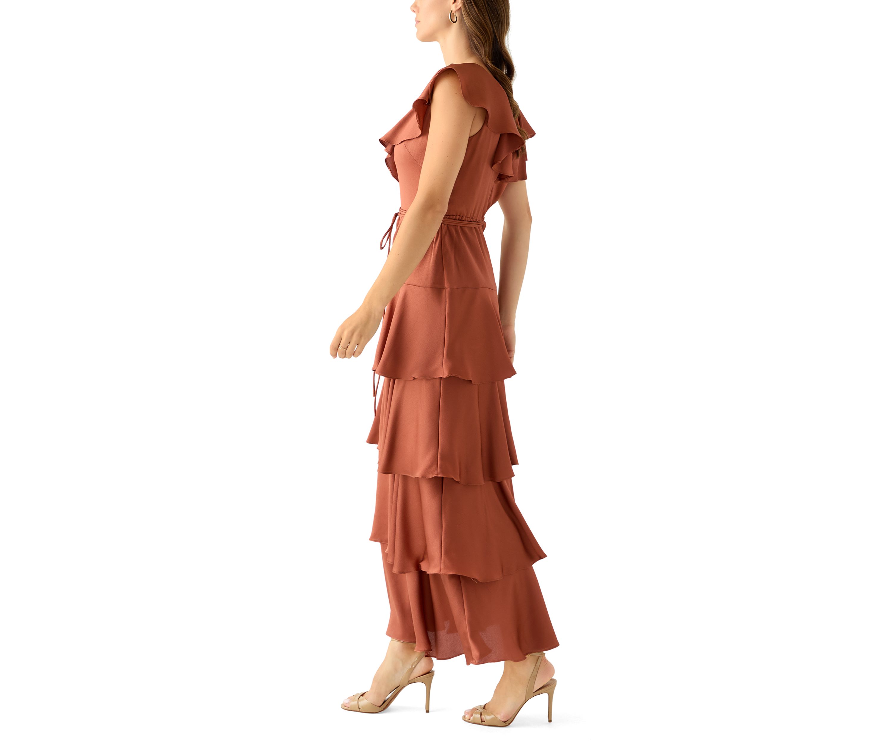 Womens Short Sleeve V-Neck Ruffled Satin Gown