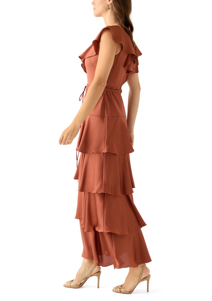 Womens Short Sleeve V-Neck Ruffled Satin Gown