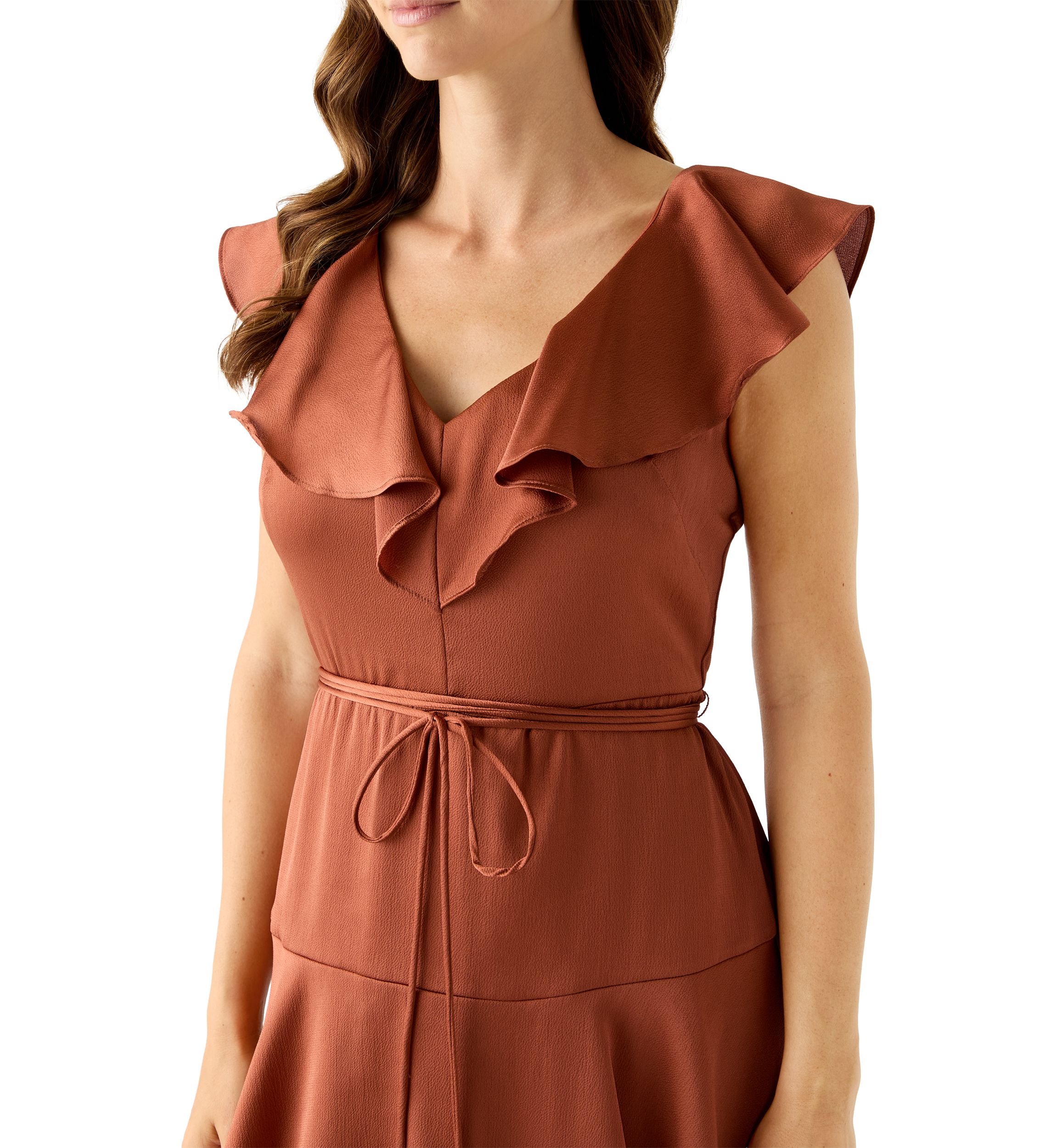 Womens Short Sleeve V-Neck Ruffled Satin Gown