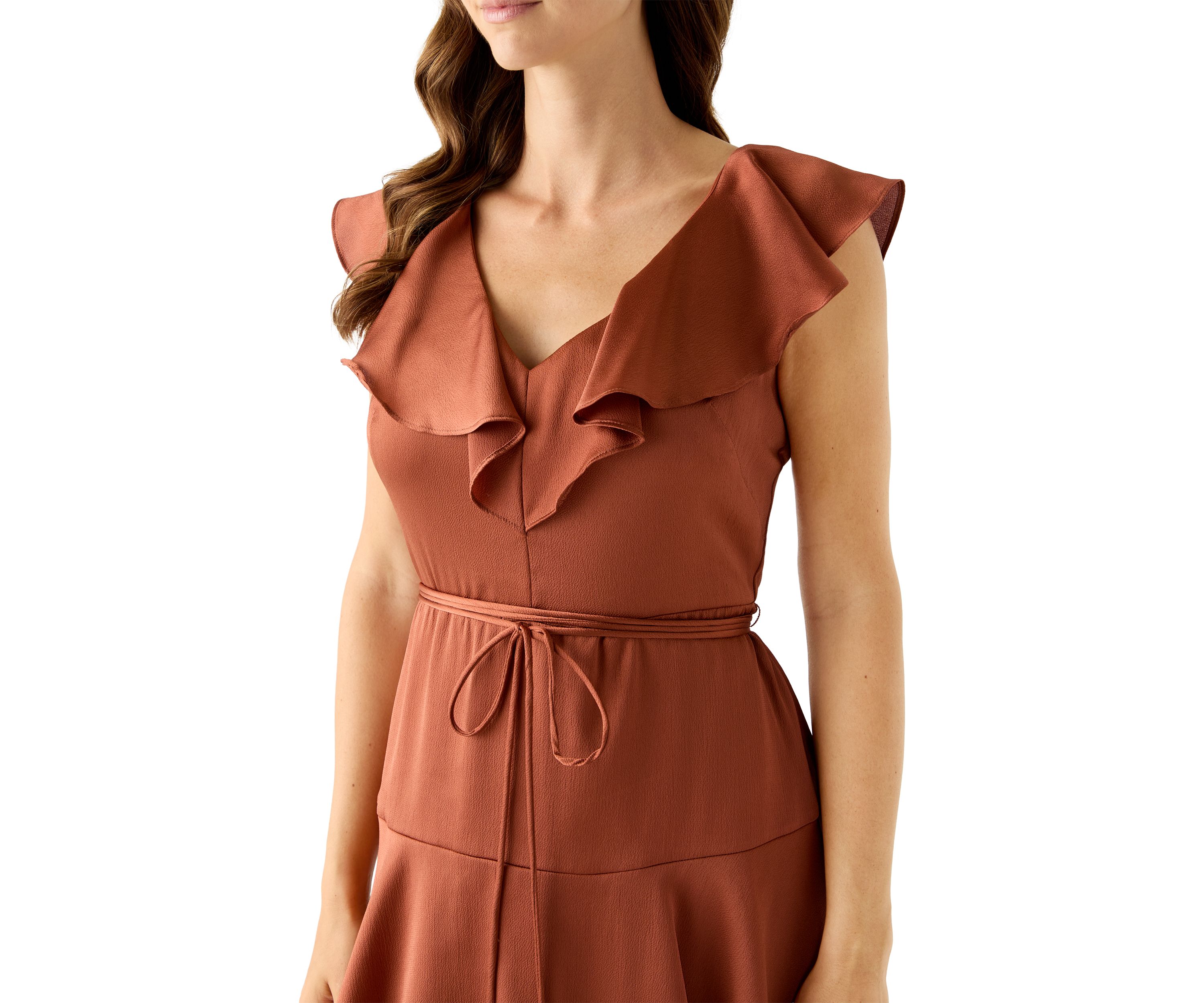 Womens Short Sleeve V-Neck Ruffled Satin Gown