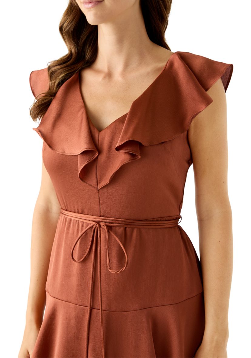 Womens Short Sleeve V-Neck Ruffled Satin Gown