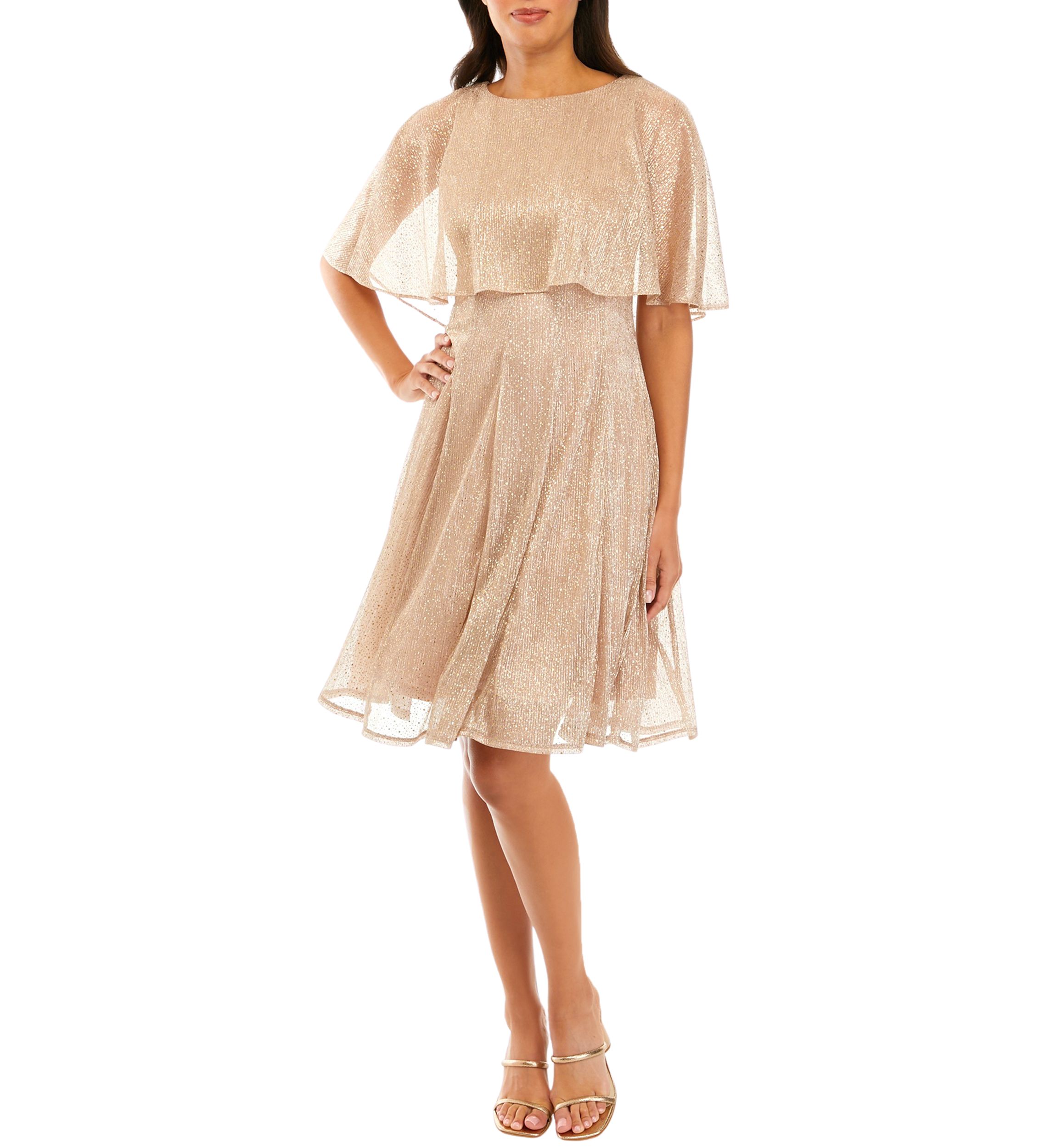 Womens Capelet Short Sleeve Foil Crinkle Mesh Cocktail Dress